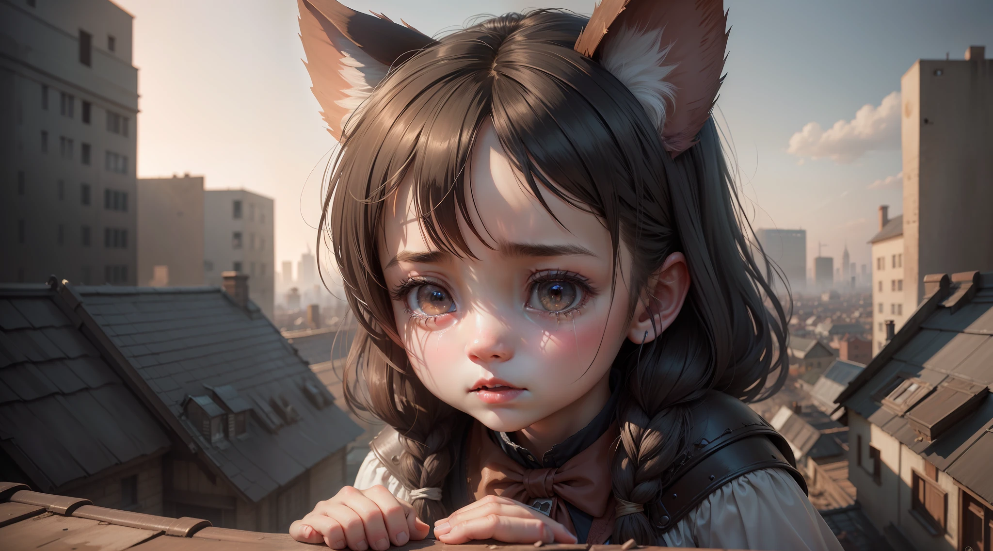 /Imagination Tips: Illustration A little girl with long pig ears standing on the roof crying, a beautiful little girl with long pig ears is sad ::15, face closeup: :10, howling, crying::12, rule of thirds composition: :5, face shot: :12, Unreal Engine::14, cinematic light::10, rake light::10, dramatic::8, movie::7, super mass::8, abandoned city buildings::13, steampunk::15 -- Seed 4294967295 --s 400 --q 2 --c 30