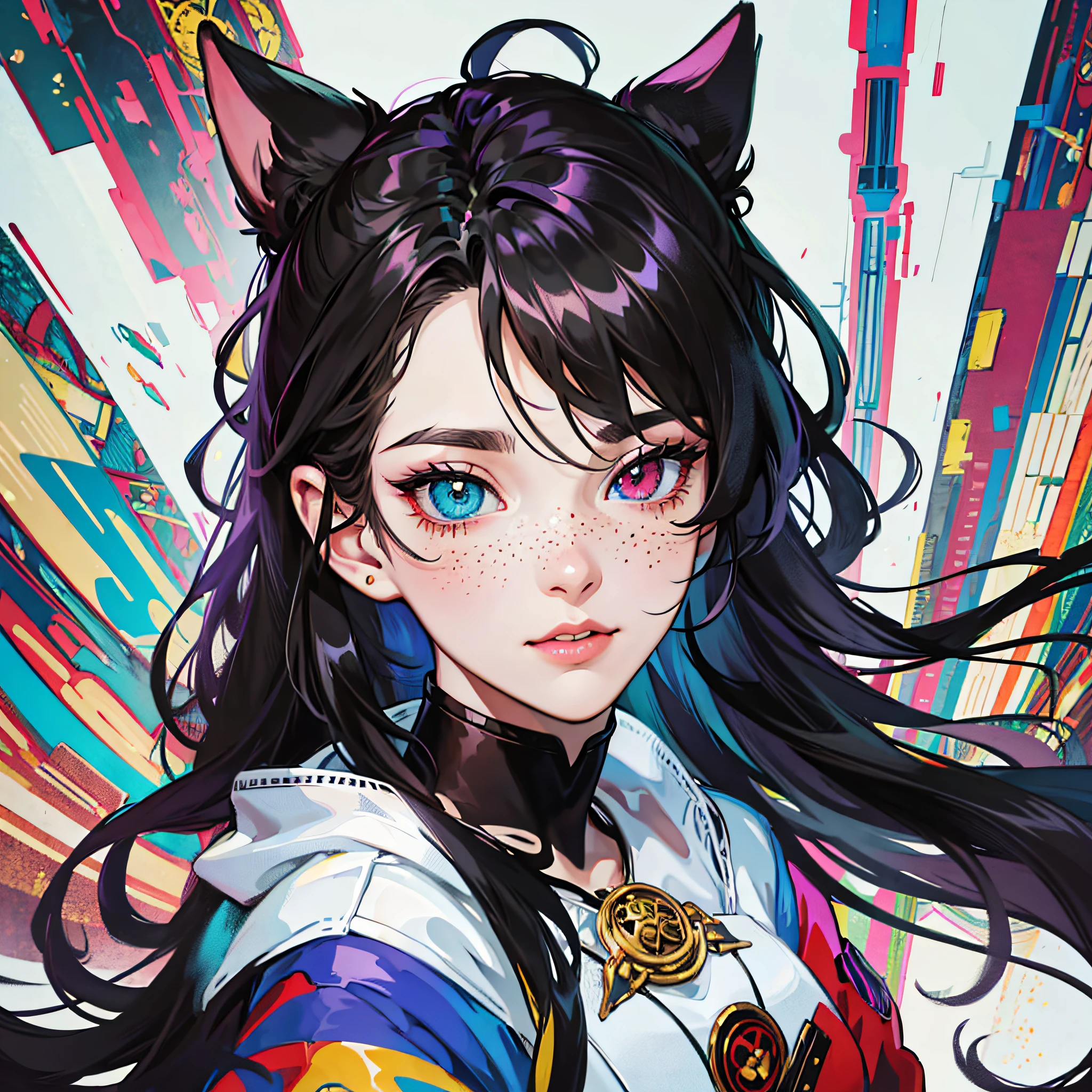Masterpiece, best quality, {best quality}, {{masterpiece}}, {highres}, focus, anime style, a closeup of a cartoon of a woman, girl design, portrait, giesha, anime image, long hair, black hair, heterochromia eyes, hair covering ears, happy, polished and powerful look, exotic, tall, freckles, anger --auto --s2