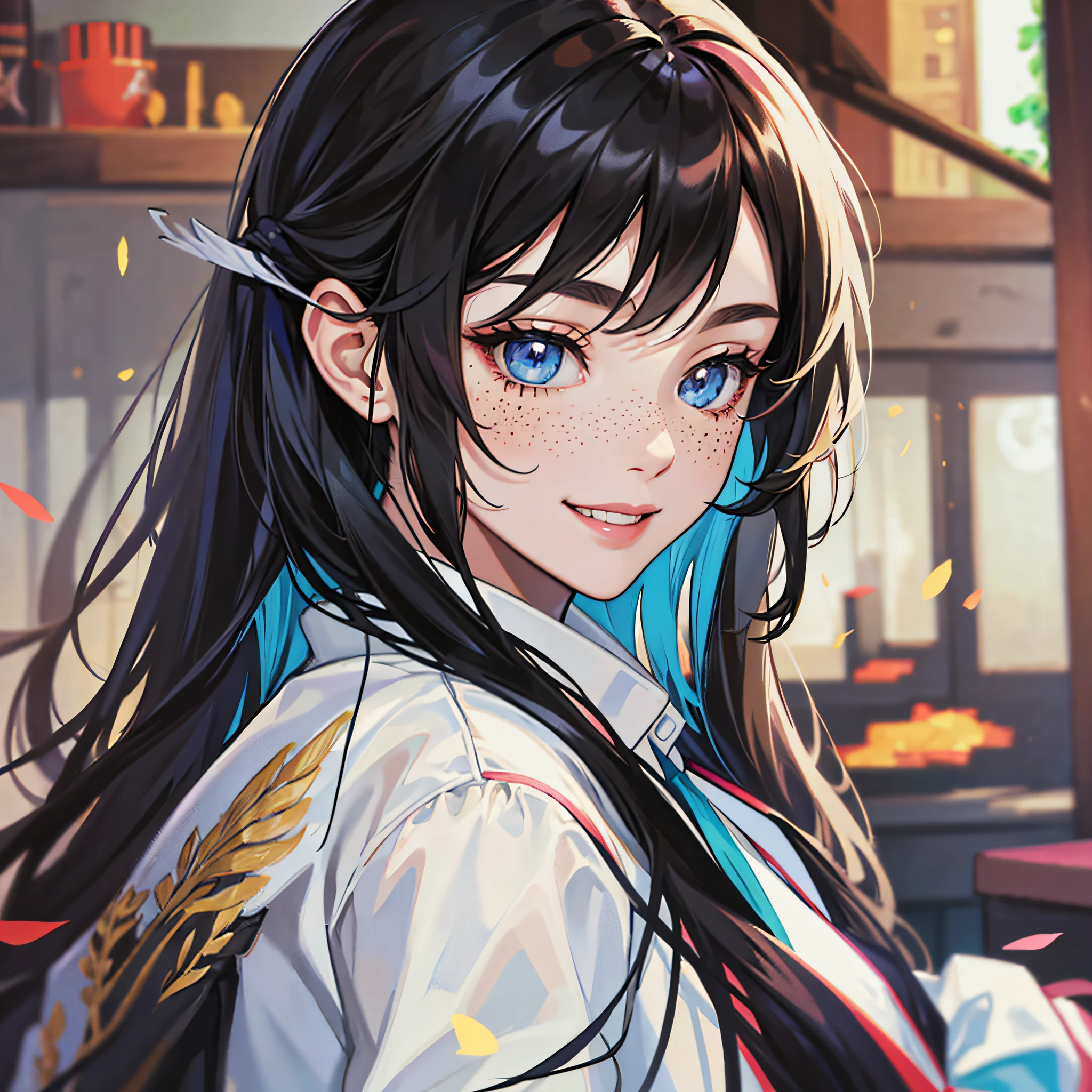 Masterpiece, best quality, {best quality}, {{masterpiece}}, {highres}, focus, anime style, a closeup of a cartoon of a woman, girl design, portrait, giesha, anime image, long hair, black hair, straight eyes, hair covering ears, happy, polished and powerful look, exotic, tall, freckles, smiling, casual clothing --auto --s2