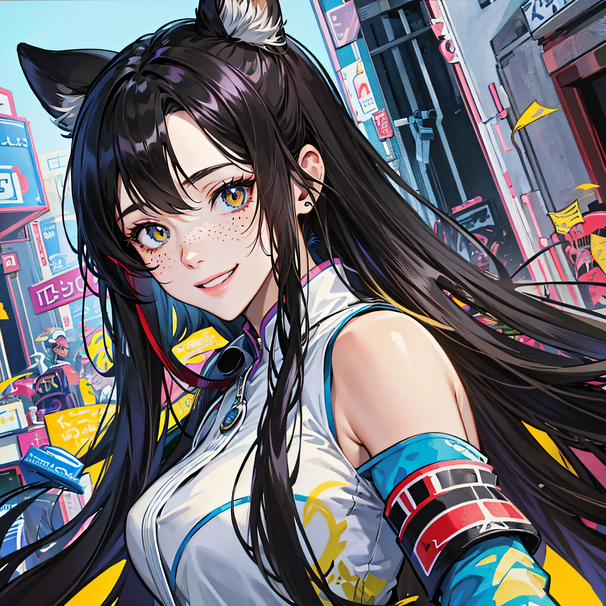 Masterpiece, best quality, {best quality}, {{masterpiece}}, {highres}, focus, anime style, a closeup of a cartoon of a woman, girl design, portrait, giesha, anime image, long hair, black hair, straight eyes, hair covering ears, happy, polished and powerful look, exotic, tall, freckles, smiling, social clothing --auto --s2