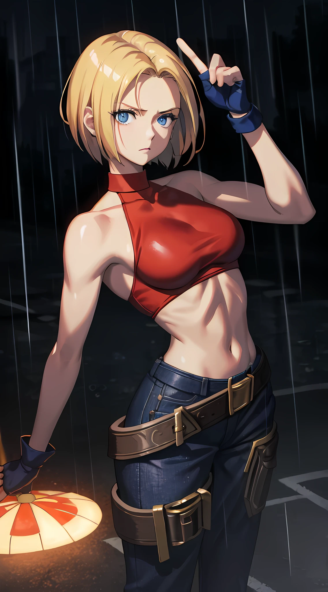 Maryms, Best Quality, (Beauty), Masterpiece, 1 female, physical rendering, thin waist, big eyes, (small breasts), puffy eyes, night, (Rain Castle), brightened skin, facing the audience, determined expression, facing the camera, red top, jeans, street background,