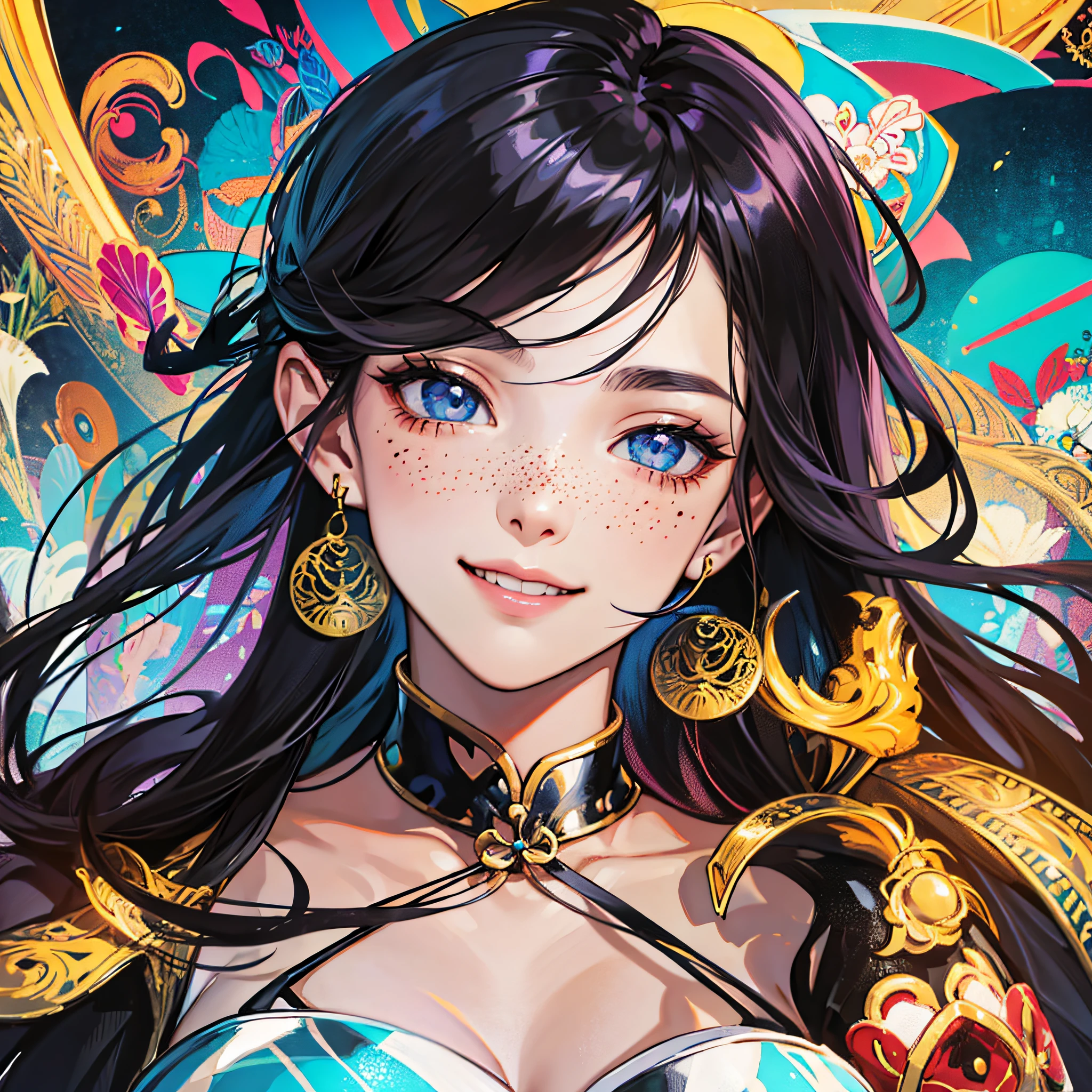 Masterpiece, best quality, {best quality}, {{masterpiece}}, {highres}, focus, anime style, a closeup of a cartoon of a woman, girl design, portrait, giesha, anime image, long hair, black hair, straight eyes, hair covering ears, happy, polished and powerful look, exotic, tall, freckles, smiling, social clothing --auto --s2