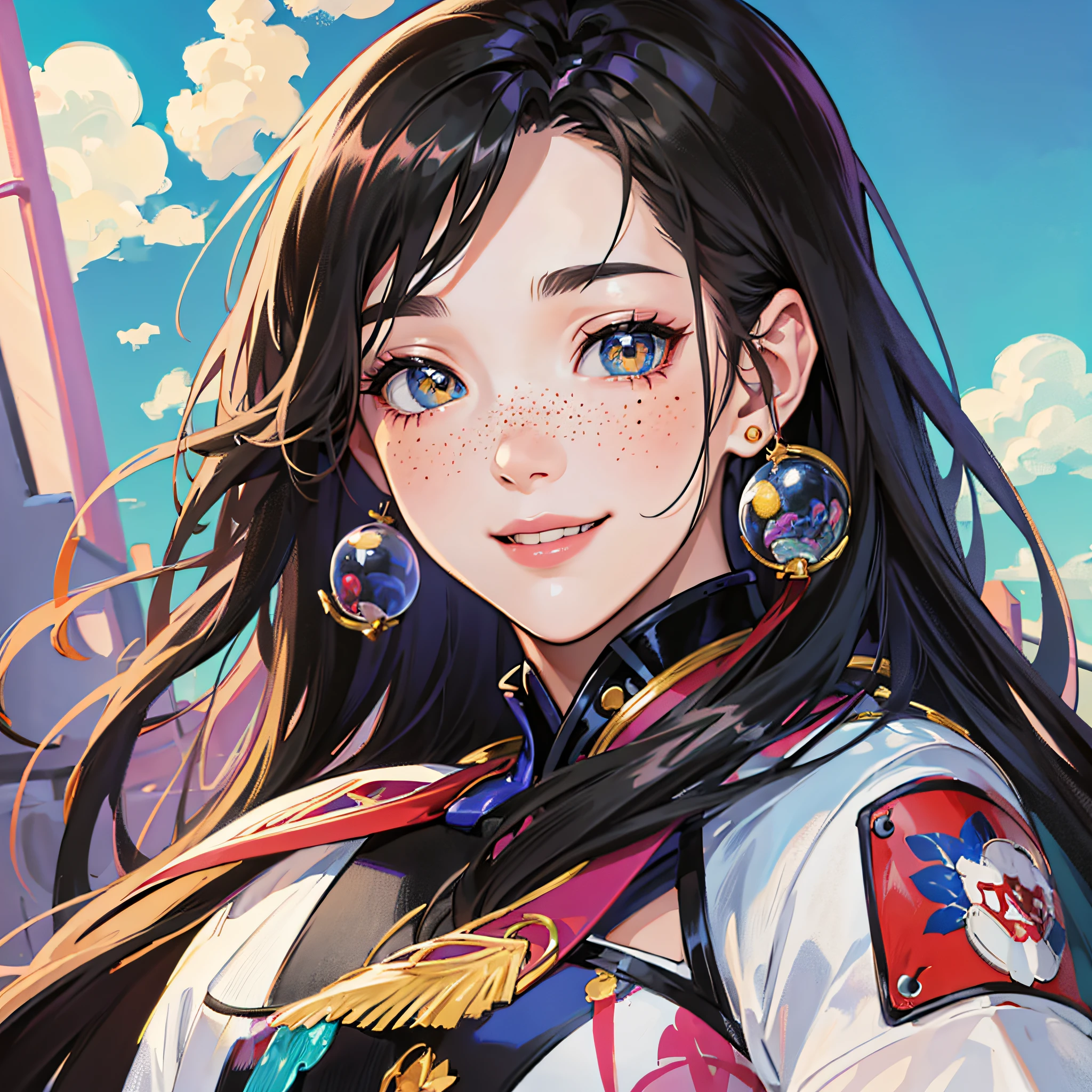 Masterpiece, best quality, {best quality}, {{masterpiece}}, {highres}, focus, anime style, a closeup of a cartoon of a woman, girl design, portrait, giesha, anime image, long hair, black hair, straight eyes, hair covering ears, happy, polished and powerful look, exotic, tall, freckles, smiling, chic clothing --auto --s2