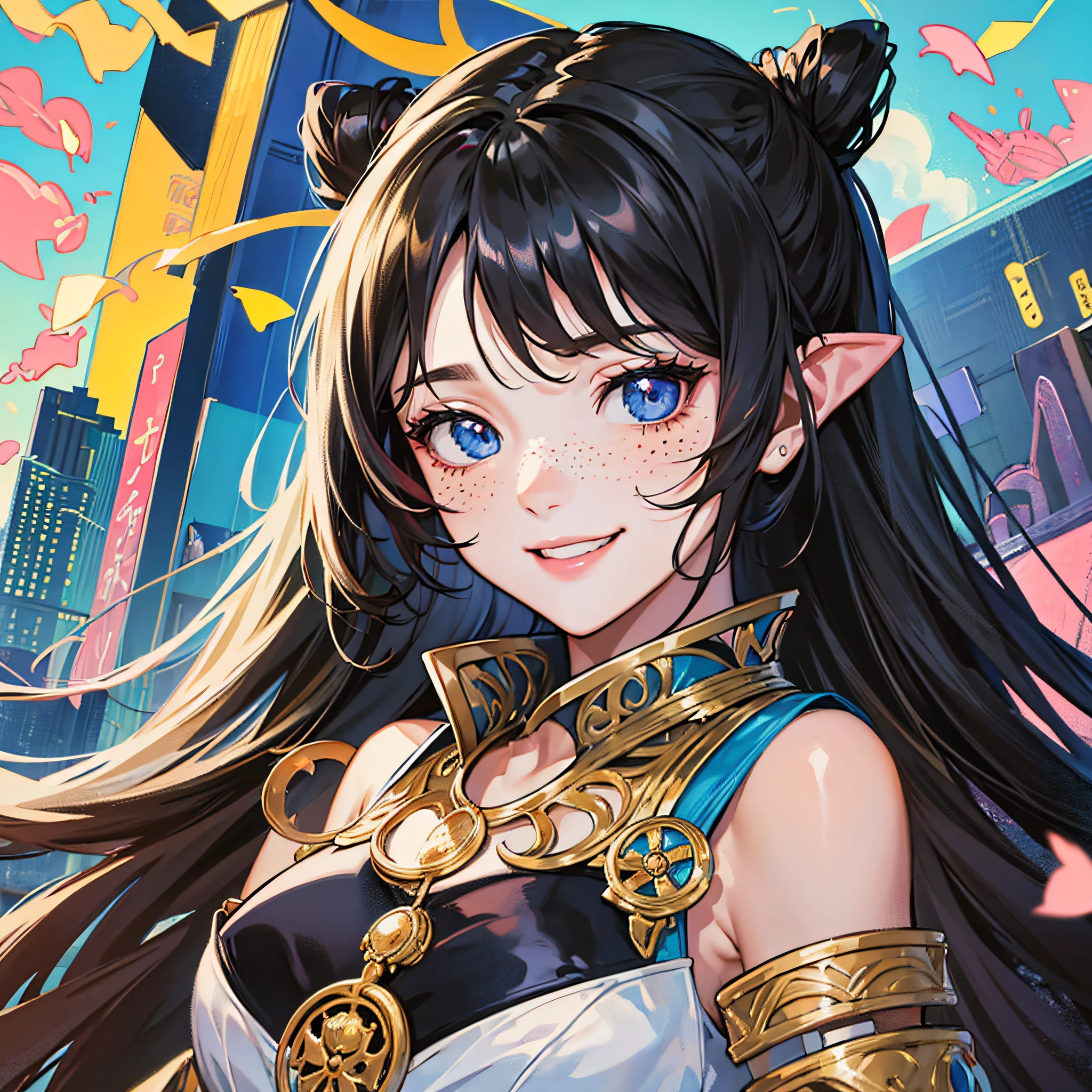 Masterpiece, best quality, {best quality}, {{masterpiece}}, {highres}, focus, anime style, a closeup of a cartoon of a woman, girl design, portrait, giesha, anime image, long hair, black hair, straight eyes, hair covering ears, happy, polished and powerful look, exotic, tall, freckles, smiling, chic clothing --auto --s2
