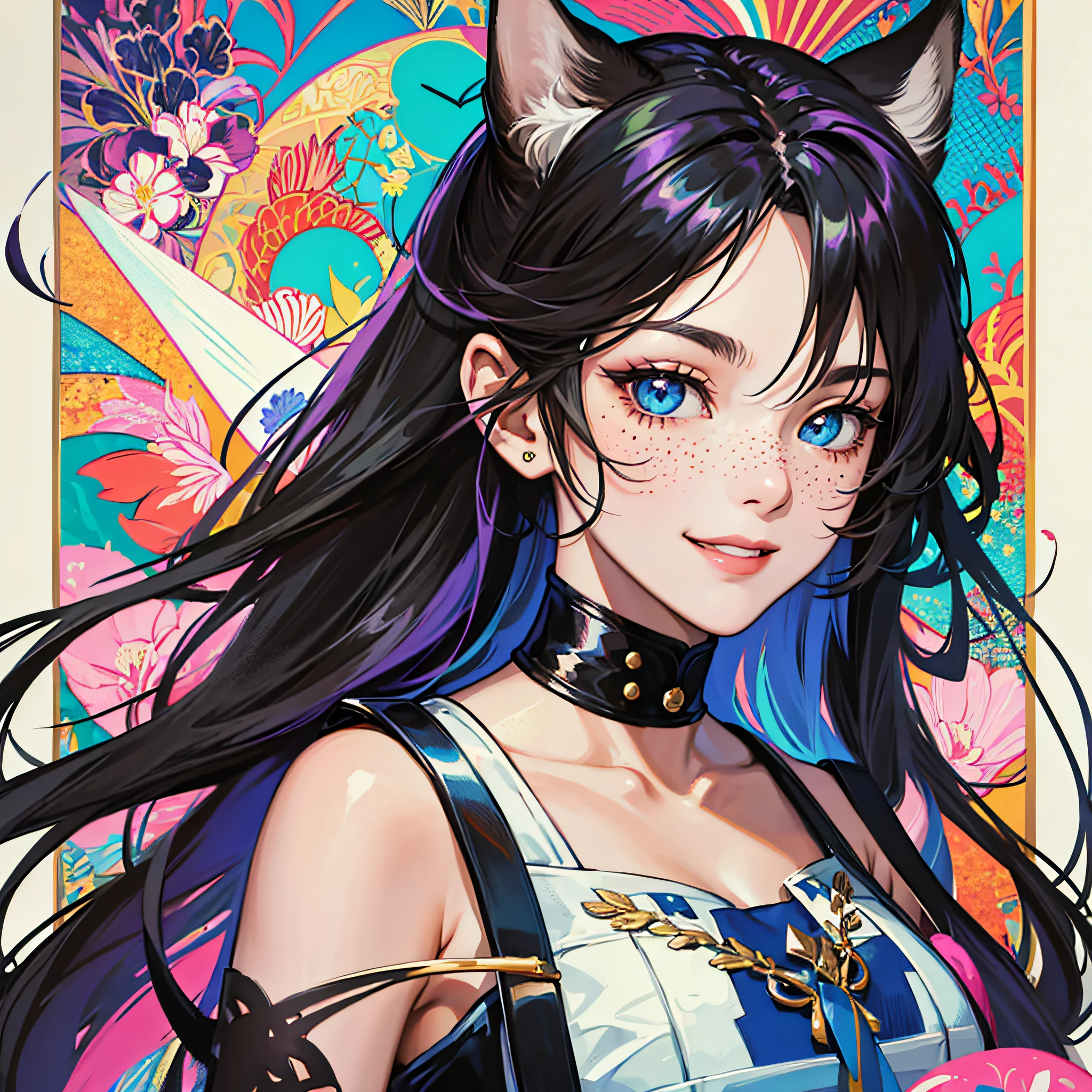 Masterpiece, best quality, {best quality}, {{masterpiece}}, {highres}, focus, anime style, a closeup of a cartoon of a woman, girl design, portrait, giesha, anime image, long hair, black hair, straight eyes, hair covering ears, happy, polished and powerful look, exotic, tall, freckles, smiling, chic clothing --auto --s2