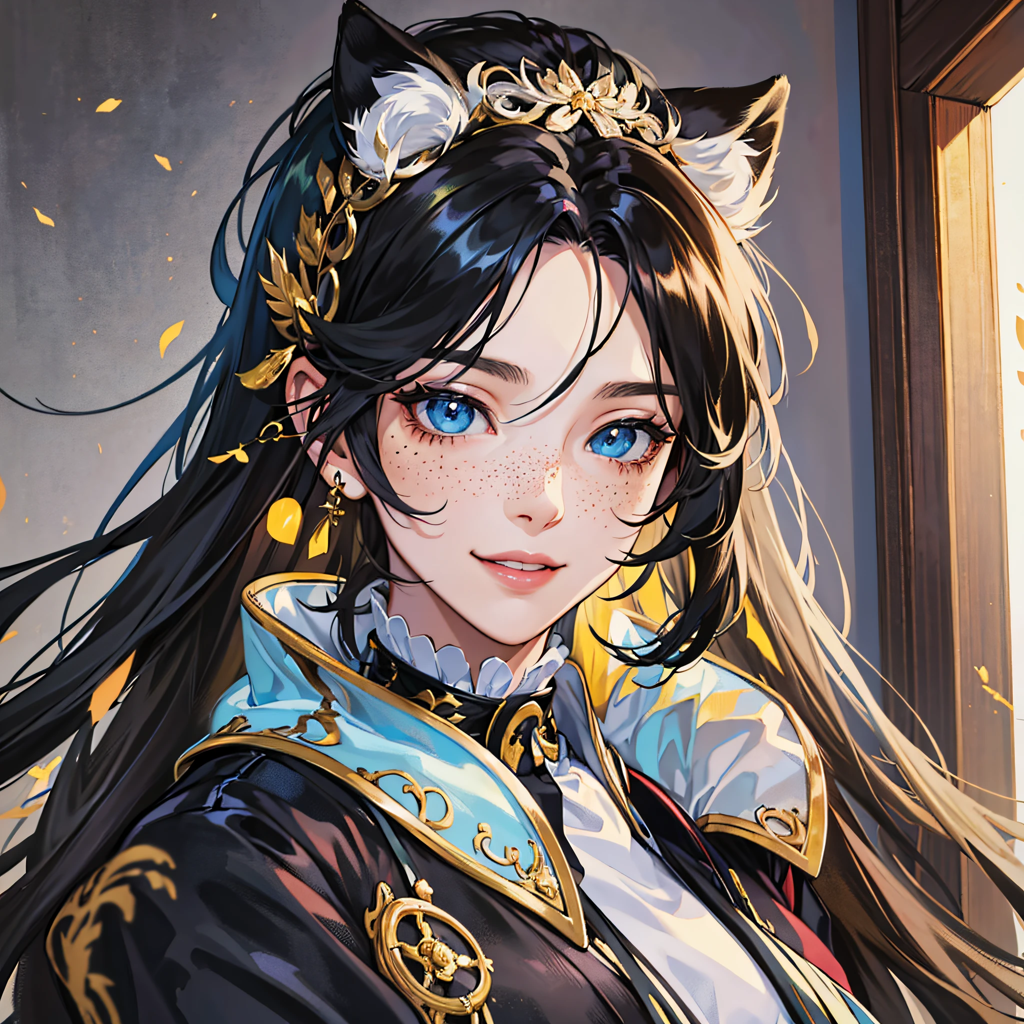 masterpiece, best quality, {best quality}, {{masterpiece}}, {highres}, focus, anime style, a closeup of a cartoon of a woman, girl design, portrait, giesha, anime image, long hair, black hair, straight eyes, hair covering ears, happy, polished and powerful look, exotic, tall, freckles, smiling, luxury clothing --auto --s2