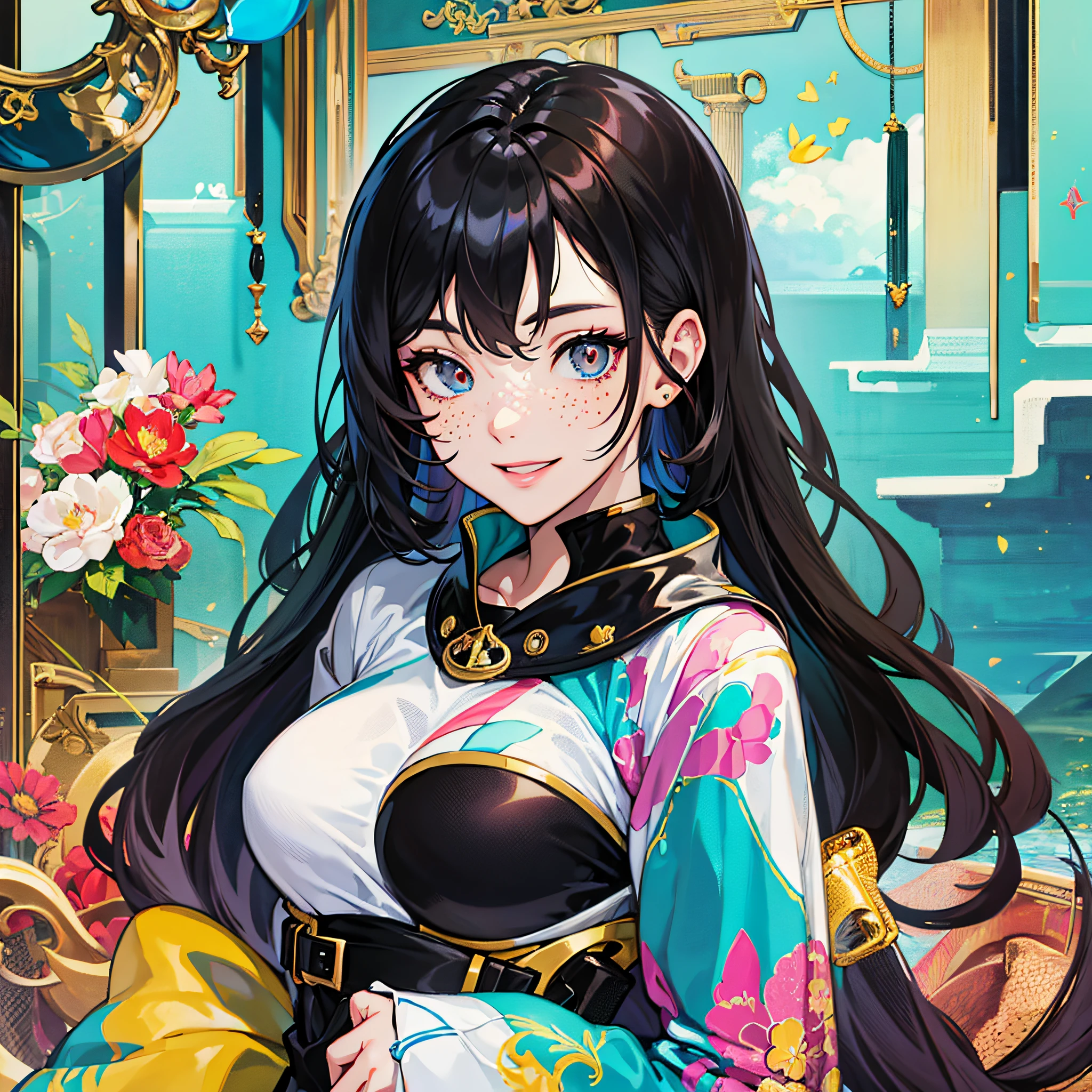 masterpiece, best quality, {best quality}, {{masterpiece}}, {highres}, focus, anime style, a closeup of a cartoon of a woman, girl design, portrait, giesha, anime image, long hair, black hair, heterochrome eyes, hair covering ears, happy, polished and powerful look, exotic, tall, freckles, smiling, casual clothing, colorful, colors --auto --s2