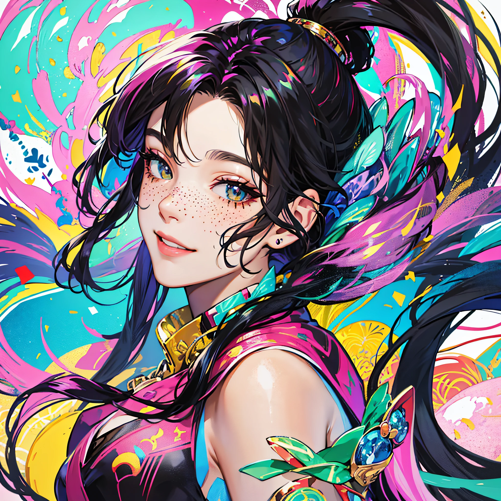 masterpiece, best quality, {best quality}, {{masterpiece}}, {highres}, focus, anime style, a closeup of a cartoon of a woman, girl design, portrait, giesha, anime image, long hair, black hair, straight eyes, hair covering ears, happy, polished and powerful look, exotic, tall, freckles, smiling, chic, colorful, colors --auto --s2