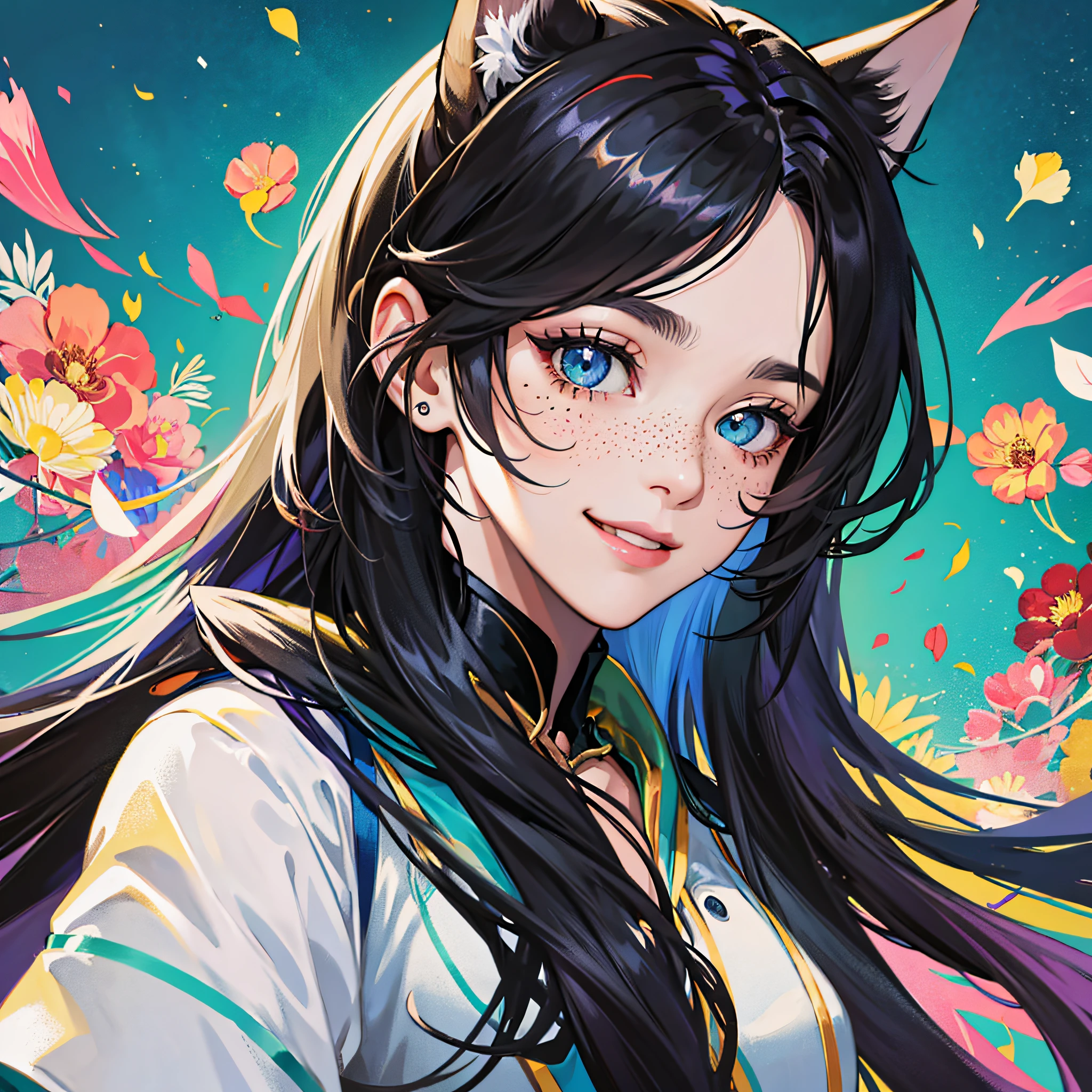 masterpiece, best quality, {best quality}, {{masterpiece}}, {highres}, focus, anime style, a closeup of a cartoon of a woman, girl design, portrait, giesha, anime image, long hair, black hair, straight eyes, hair covering ears, happy, polished and powerful look, exotic, tall, freckles, smiling, chic, colorful, colors --auto --s2