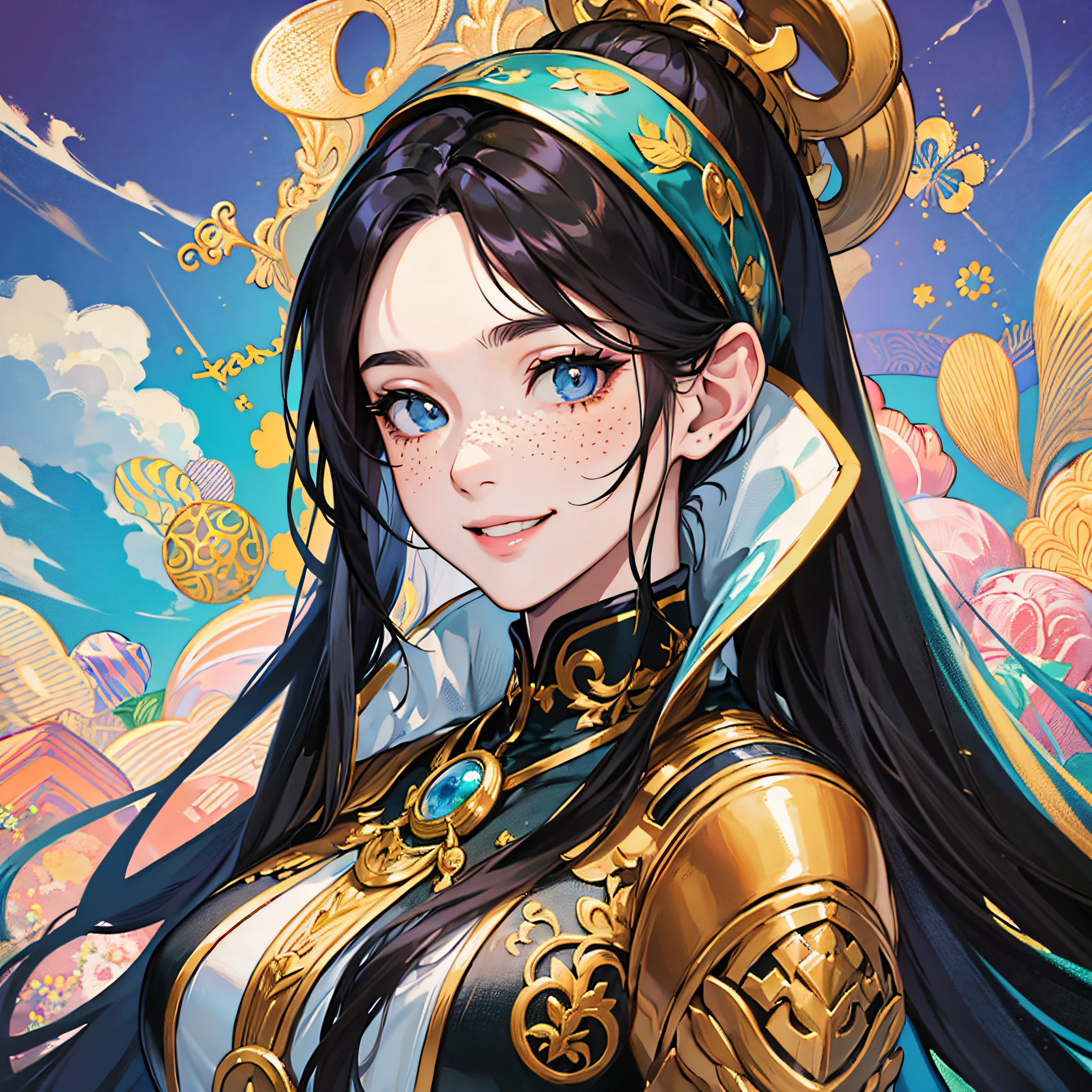 masterpiece, best quality, {best quality}, {{masterpiece}}, {highres}, focus, anime style, a closeup of a cartoon of a woman, girl design, portrait, giesha, anime image, long hair, black hair, straight eyes, hair covering ears, happy, polished and powerful look, exotic, tall, freckles, smiling, luxury clothing, colorful, colors --auto --s2