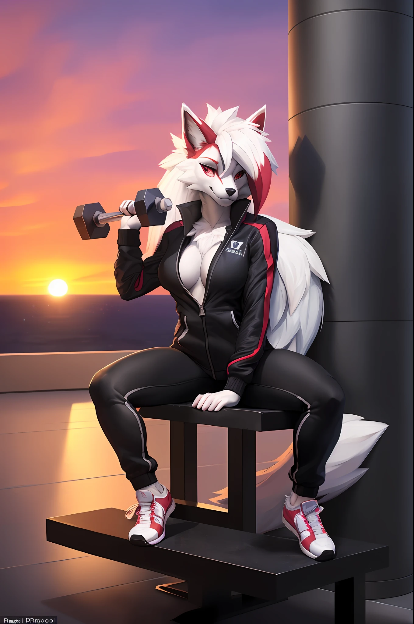 [pokemon; lycanroc midnight], [Uploaded to e621.net; (Foxovh), (Pixelsketcher), (mayosplash)], ((masterpiece)), ((solo portrait)), ((furry; antrho wolf girl)), ((detailed fur)), ((raytracing)), ((detailed shading)), ((beautiful render art)), {(anthro pokemon; lycanroc midnight, red fur, white belly), bright red eyes, long white spiky hair, seductive gaze; (bedroom eyes, smug smirk), large boobs, (black track suit; black yoga pants, black zip-up jacket, white sneakers), athletic body}, (sitting on bench press; holding dumbbell), seductive pose), [background; gym, window; (outside sunset, orange and pink sky)]