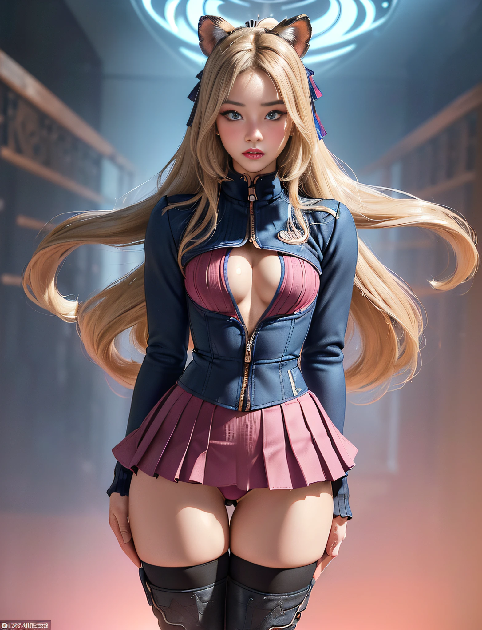 very detailed RAW color photo, (((1 girl))), (((alone))), (((29 years))), ((athletic)), ((very defined toned physique)), (((very defined and beautiful muscular body)), (((very detailed perfect body))), (((small and defined breasts))), (((ultra defined curves))), (((superior quality, 8k, masterpiece: 1.3)), sharp focus: 1.2, (((extremely beautiful girl with perfect figure: 1.4))), ((very thin waist: 1.2)), ultra detailed skin texture, ((perfect and beautiful hands)), ((smooth and soft skin)), (ultra detailed fabric texture), extremely beautiful ultra detailed face, (((extremely beautiful))), intricate details, ultra detailed, (((girl wearing a tight winter jacket with a pleated miniskirt))), (((extremely long straight blonde hair))), extremely beautiful, (((extra long ponytail with bangs))), ((very detailed and beautiful tiger ears)), (hair on the face), ((hair ribbon)), dynamic pose, ((uniform leaves thighs exposed)), ((ultra detailed legs)), (((ultra detailed waist))), (((very wide hips))), (((very thick thighs))), (sexy), (((extreme hourglass figure))), (((very thick heart lips))), ((red lipstick)), ((ultra detailed lips)), ((ultra detailed blue eyes)), ((angry look)), (((staring at the viewer))), ultra detailed provocative mouth, extremely beautiful seductive lips, ((blushing)), (makeup), (((ultra defined waist))), eye shadow, (full body shot), (military boots)