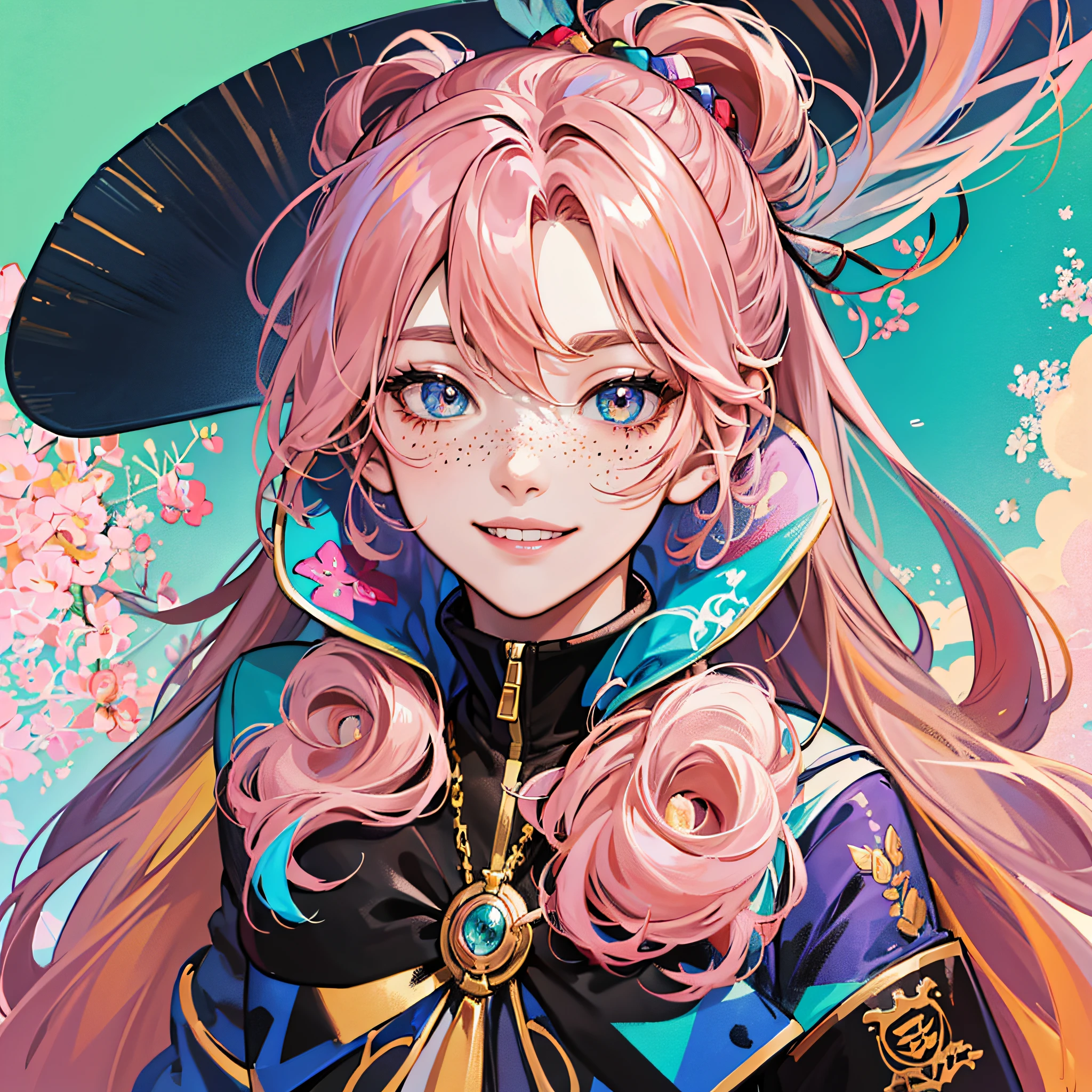masterpiece, best quality, {best quality}, {{masterpiece}}, {highres}, focus, anime style, a closeup of a cartoon of a woman, girl design, portrait, giesha, anime image, long hair, pink hair, straight eyes, hair covering ears, happy, polished and powerful look, exotic, tall, freckles, smiling, luxury clothing, colorful, colors --auto --s2