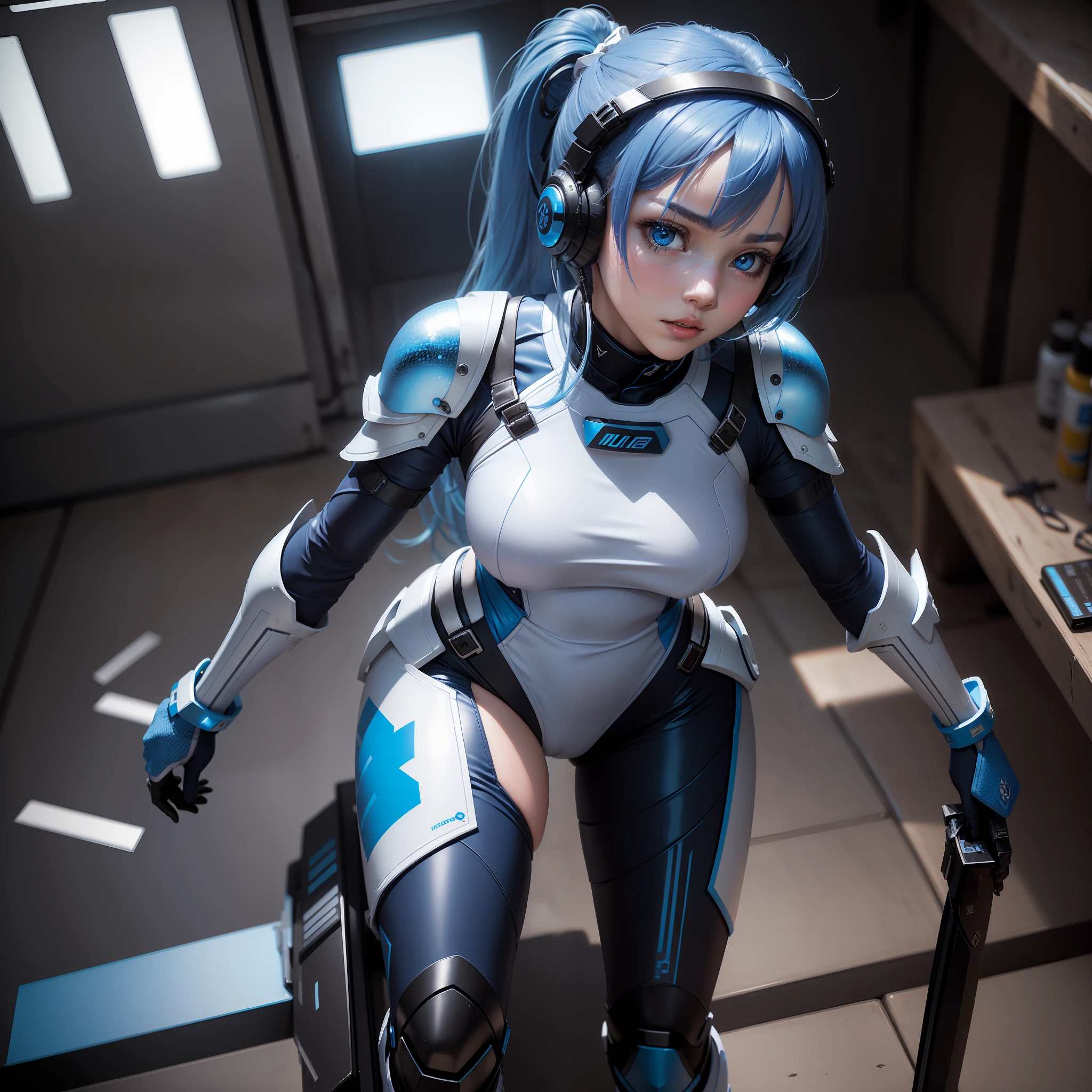 (masterpiece, highest quality, highest resolution, distinct_image, detailed details): (Solo, lone girl, Japan face, blue-haired girl, full body figure, small size breasts, sparkling blue colored eyes, metallic tone white and blue, pilot suit in black color, tight fit clothes, clothes covering the whole body, beauty, slim body, exoskeleton, sexy pose, white and blue and black metal armor, Heroine, headset, boots)