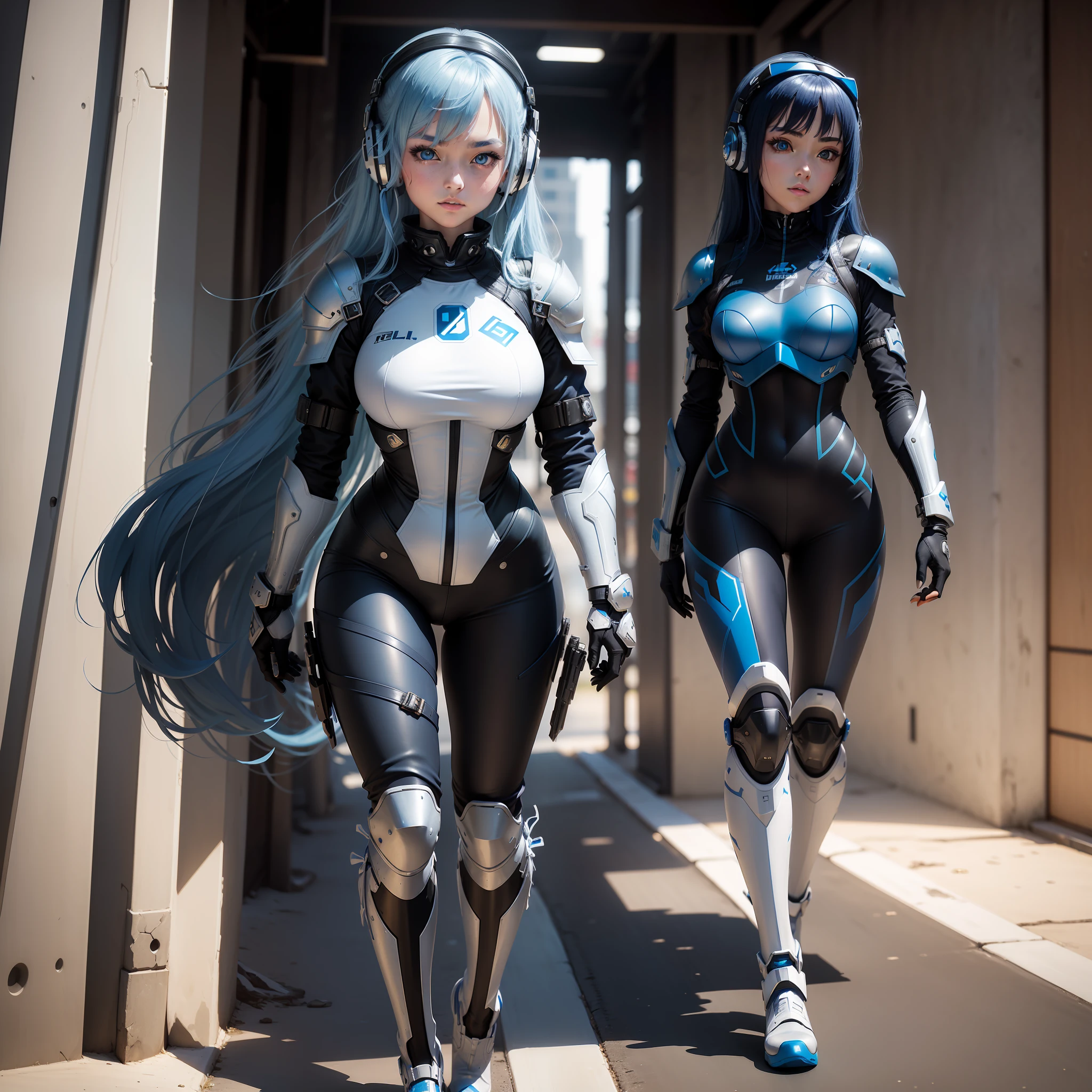 (masterpiece, highest quality, highest resolution, distinct_image, detailed details): (Solo, lone girl, Japan face, blue-haired girl, full body figure, small size breasts, sparkling blue colored eyes, metallic tone white and blue, pilot suit in black color, tight fit clothes, clothes covering the whole body, beauty, slim body, exoskeleton, sexy pose, white and blue and black metal armor, Heroine, headset, boots)