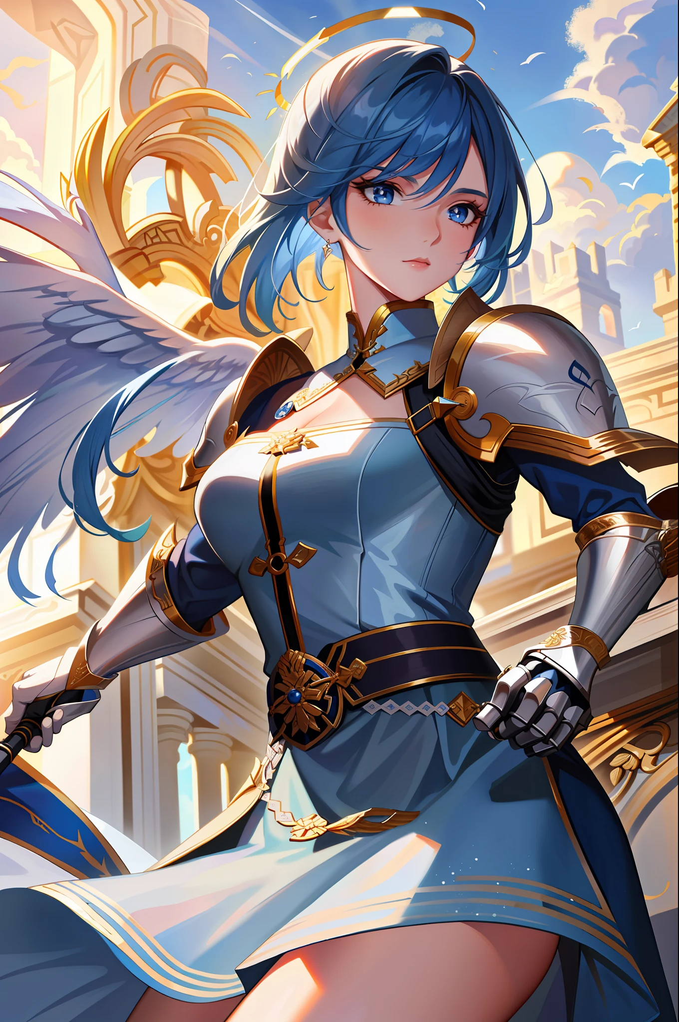 (masterpiece: 1.2), (best quality: 1.2), perfect eyes, perfect face, perfect lighting, 1girl, mature female angel flying in the sky holding a spear, wings, medium blue hair, pompadour cut, blue eyes, halo, long sleeves, knight's armor, neckline, sunshine, detailed background, thick eyelashes, makeup, size 1:1