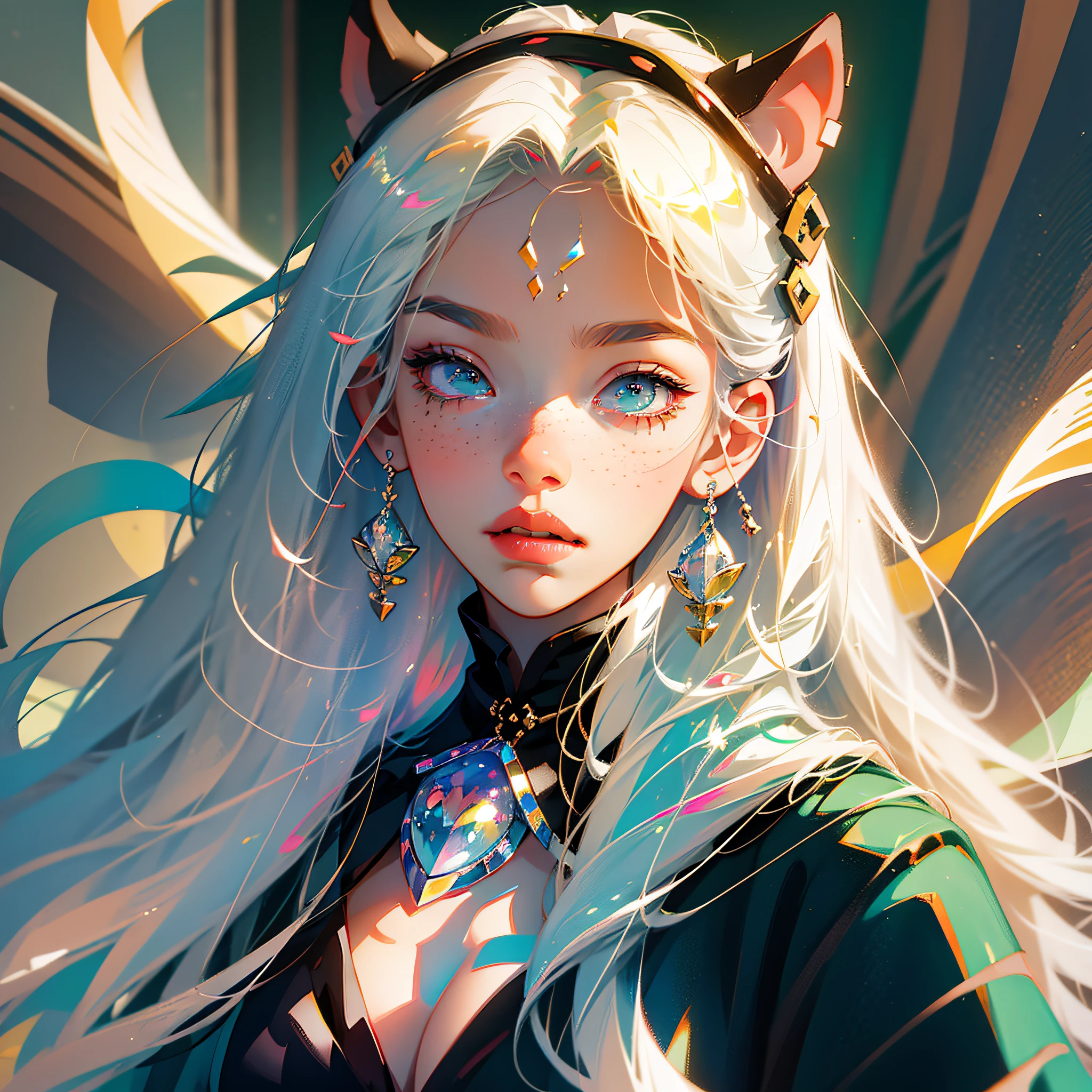 masterpiece, best quality, {best quality}, {{masterpiece}}, {highres}, focus, anime style, a closeup of a cartoon of a woman, girl design, portrait, giesha, anime image, long hair, white hair, straight eyes, hair covering ears, happy, polished and powerful look, exotic, tall, freckles, smiling, luxury clothing, colorful, colors --auto --s2