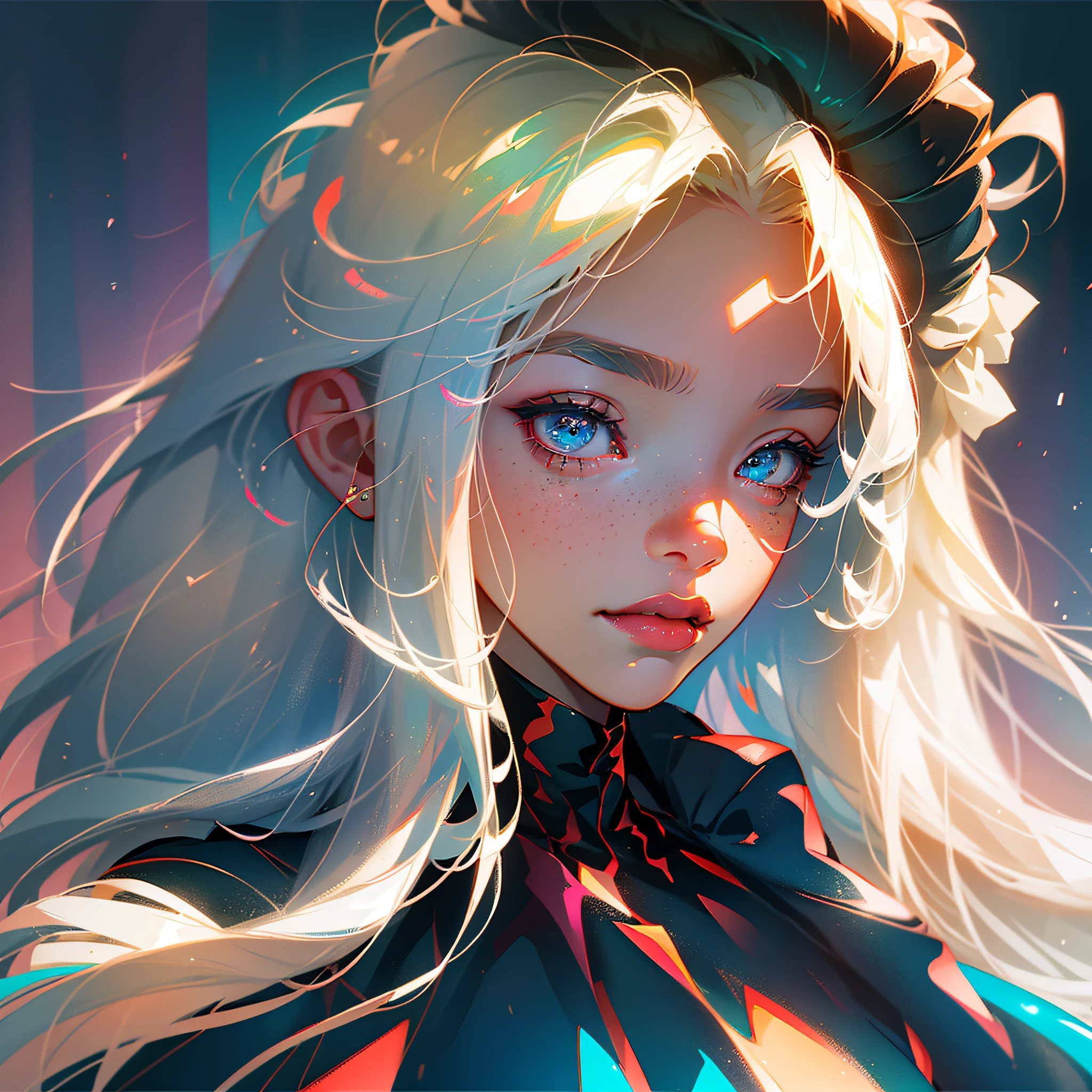 masterpiece, best quality, {best quality}, {{masterpiece}}, {highres}, focus, anime style, a closeup of a cartoon of a woman, girl design, portrait, giesha, anime image, long hair, white hair, straight eyes, hair covering ears, happy, polished and powerful look, exotic, tall, freckles, smiling, luxury clothing, colorful, colors --auto --s2