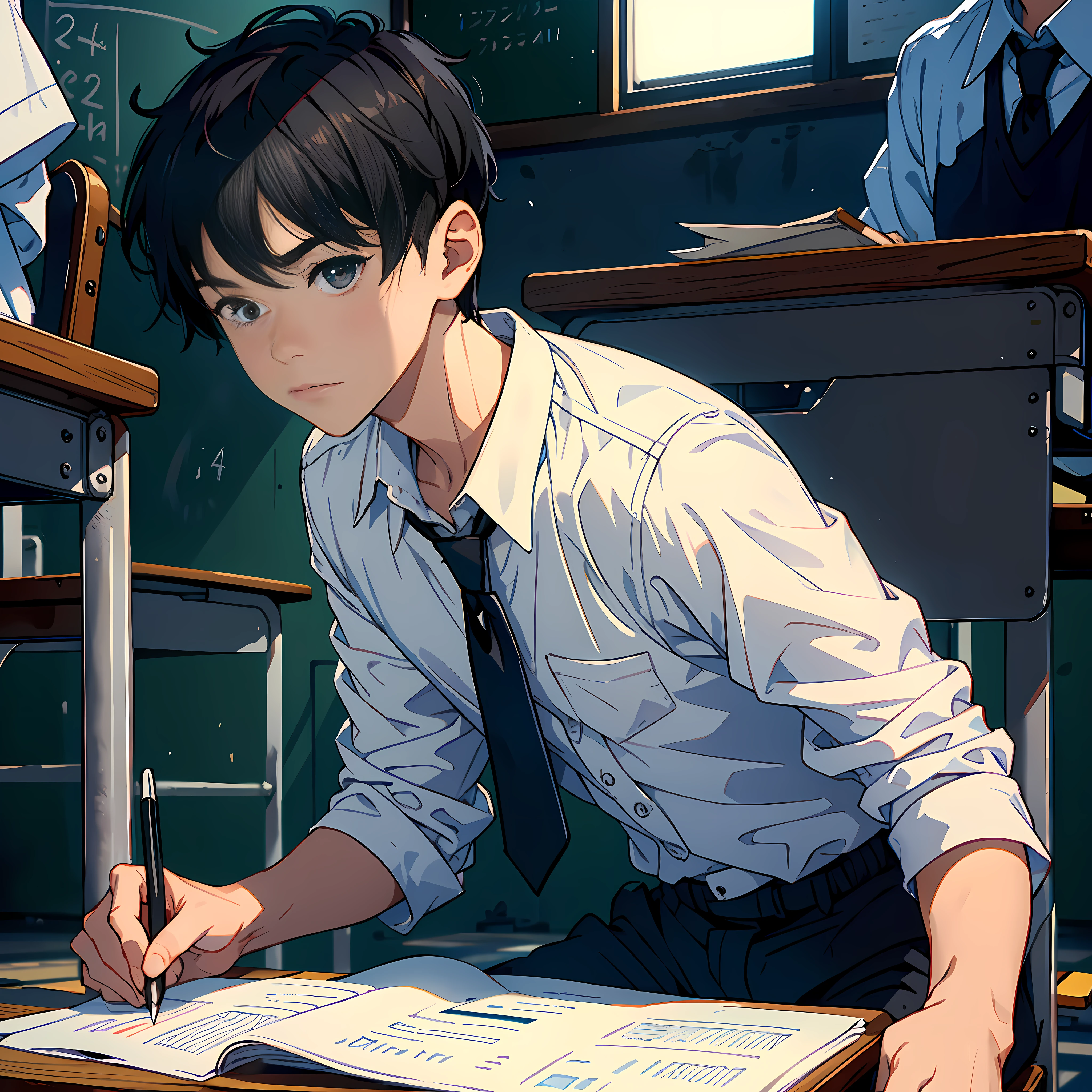 1boy, sitting in the seat, burying his head in writing test papers, short black hair, wearing a white shirt, handsome face, big black eyes, the background is the classroom.