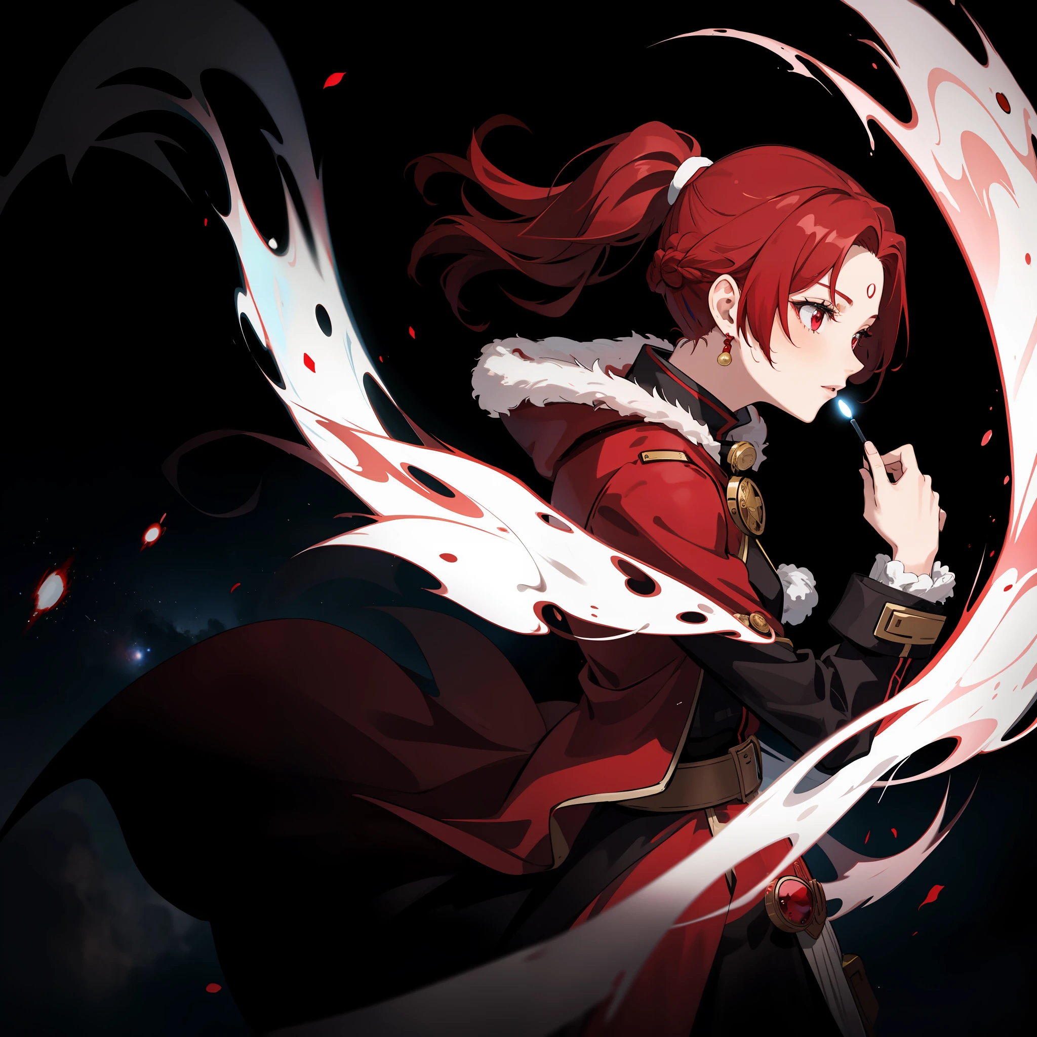 Only 1 girl, red ponytail hair, red eyes, wearing a red coat, beautiful anime girl, holding a blackhole