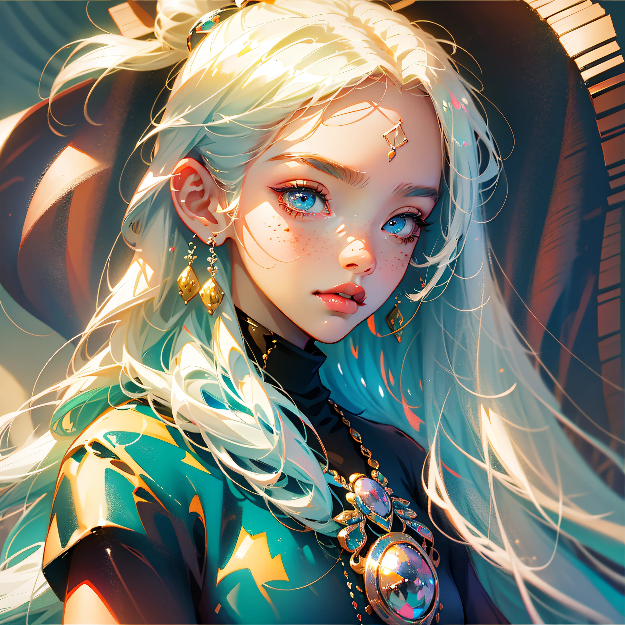masterpiece, best quality, {best quality}, {{masterpiece}}, {highres}, focus, anime style, a closeup of a cartoon of a woman, girl design, portrait, giesha, anime image, long hair, white hair, straight eyes, hair covering ears, happy, polished and powerful look, exotic, tall, freckles, smiling, casual clothing, colorful, colors --auto --s2