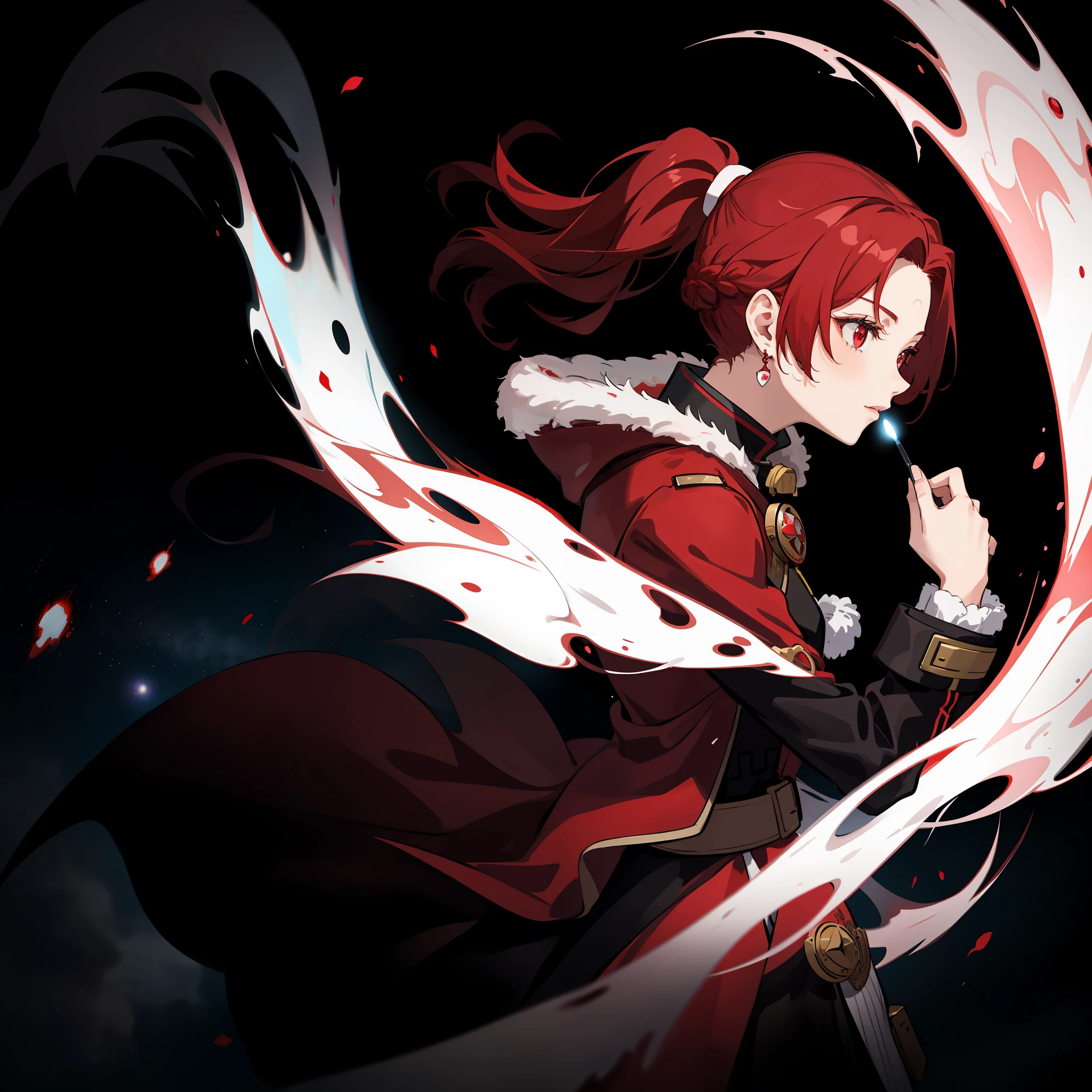 Only 1 girl, red ponytail hair, red eyes, wearing a red coat, beautiful anime girl, holding a blackhole