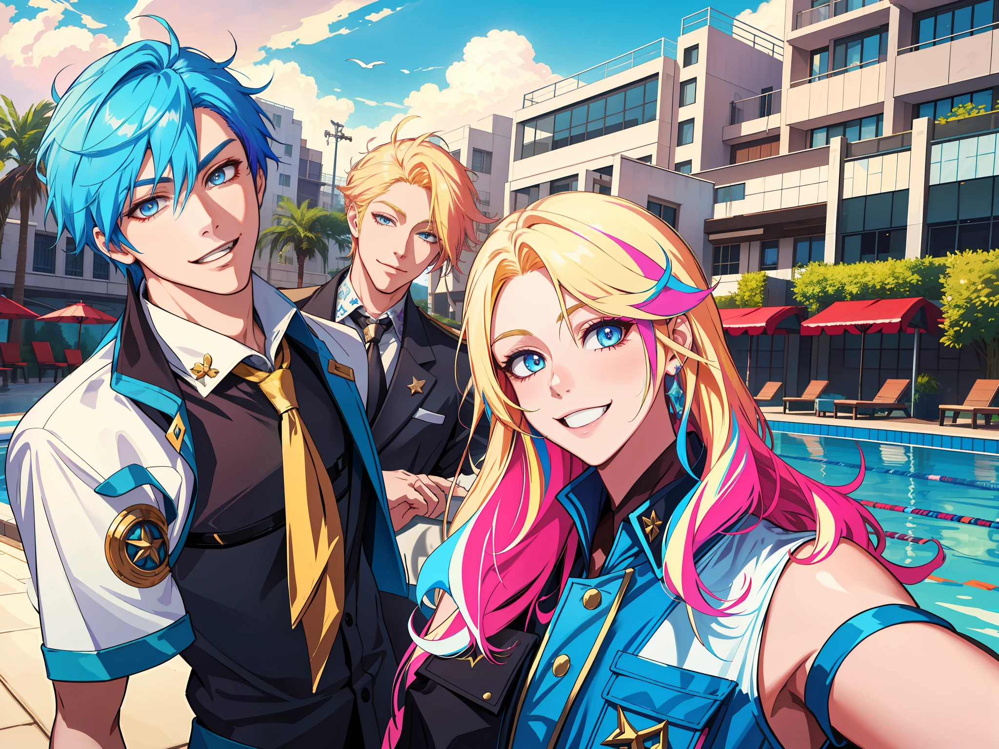 masterpiece, best quality, highres, ahri1, 1girl, solo, blonde hair, k/da \(league of legends\), long hair, multicolored hair, open hair, blue eyes, two-tone hair, poolside, smile, 2 young boys behind her