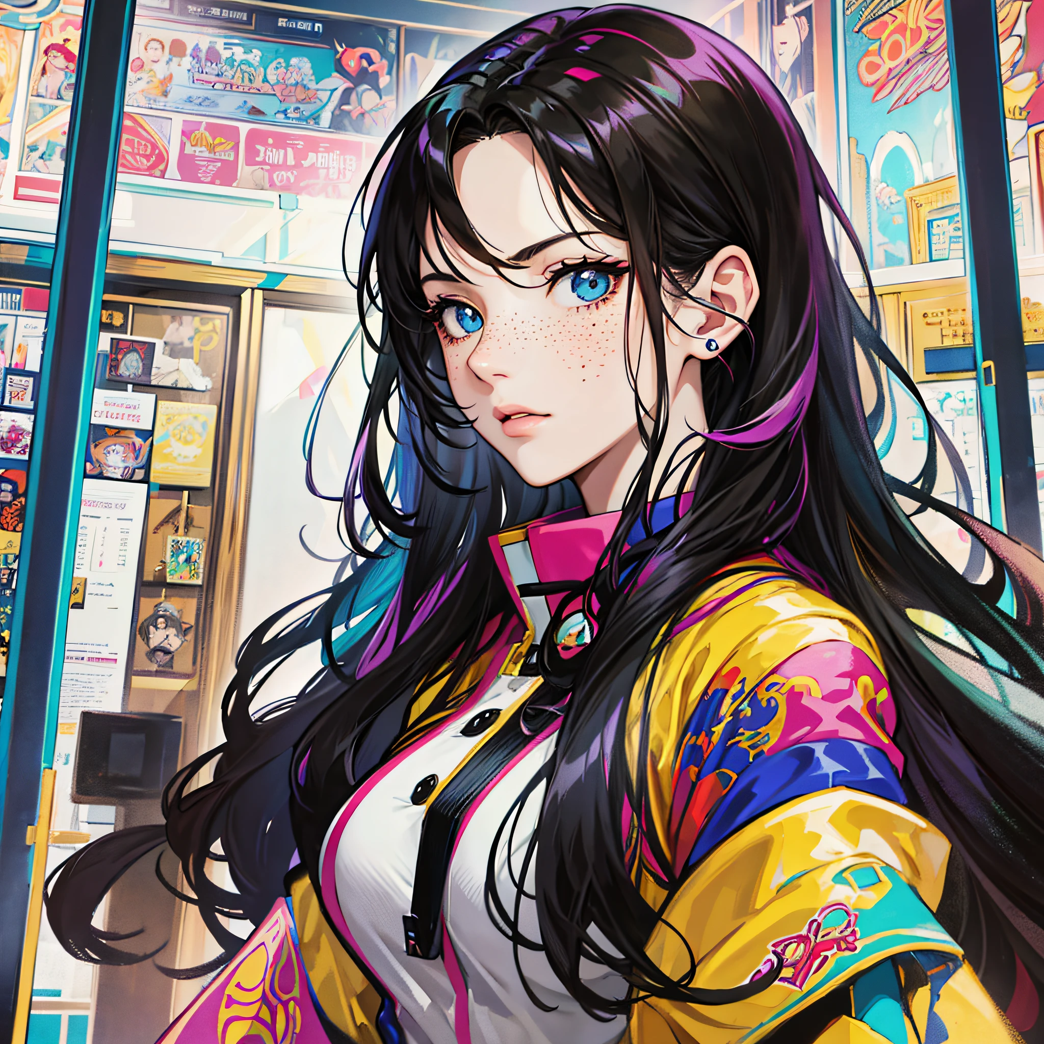 masterpiece, best quality, {best quality}, {{masterpiece}}, {highres}, focus, anime style, a closeup of a cartoon of a woman, girl design, portrait, giesha, anime image, long hair, black hair, straight eyes, hair covering ears, polished and powerful look, exotic, tall, freckles, serious, luxury clothing, colorful, colors --auto --s2