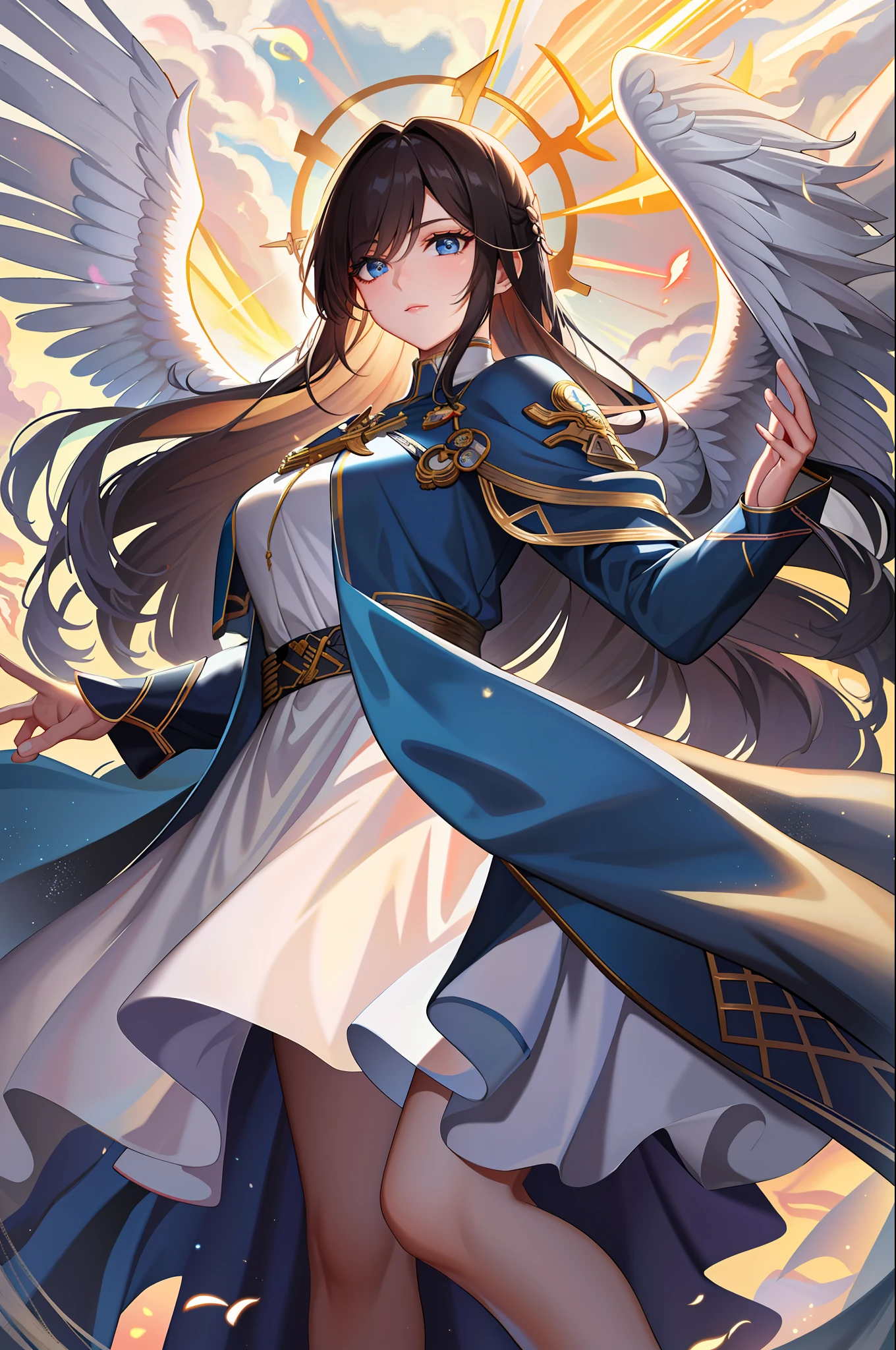 (masterpiece: 1.2), (best quality: 1.2), perfect eyes, perfect face, perfect lighting, 1girl, mature female angel flying in the sky, wings, medium black hair, pompadour cut, blue eyes, long sleeves, priestess robes, detailed background, thick eyelashes, makeup, size 1:1