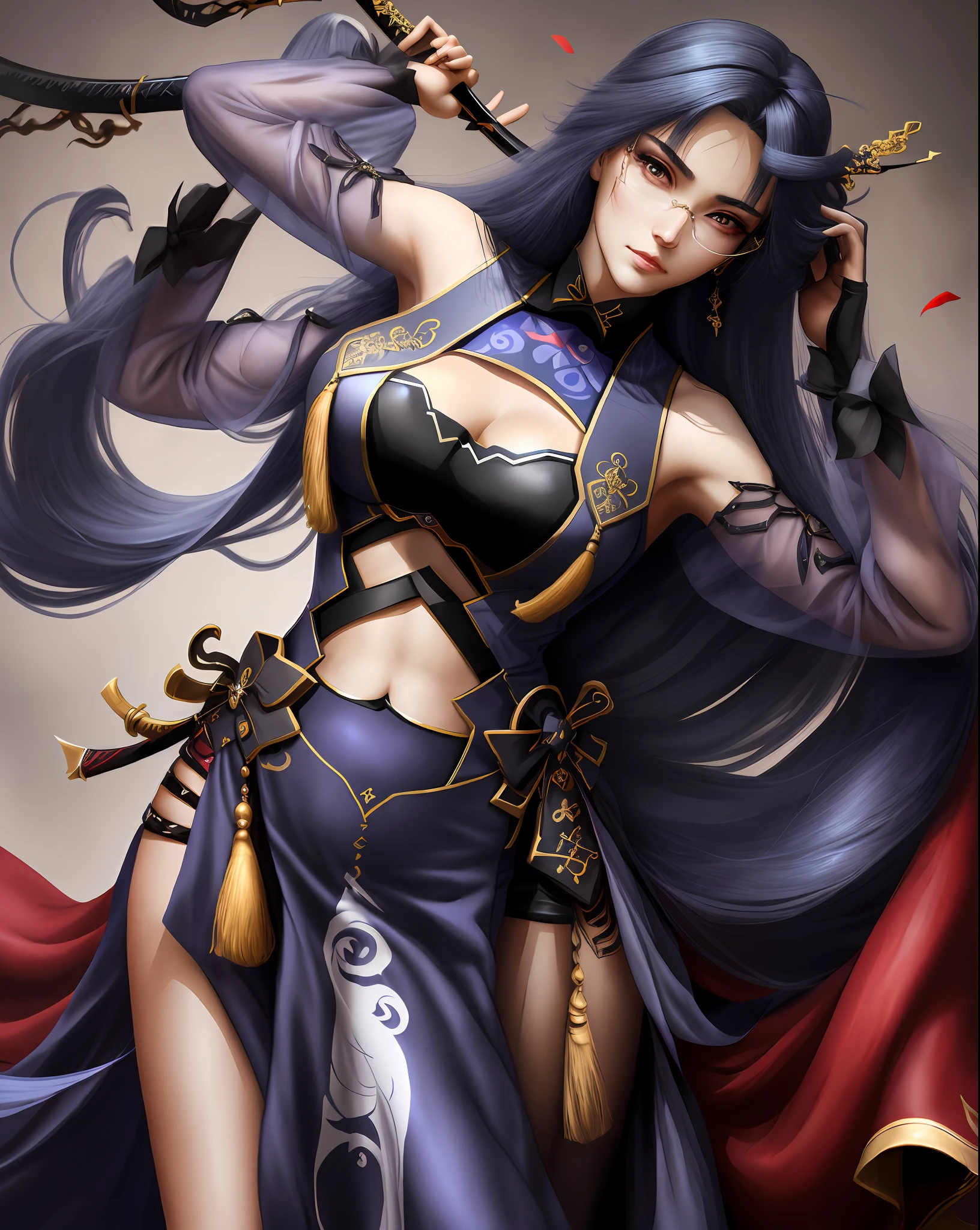 Tall beautiful woman with big straight hair of dark blue color holding a katana