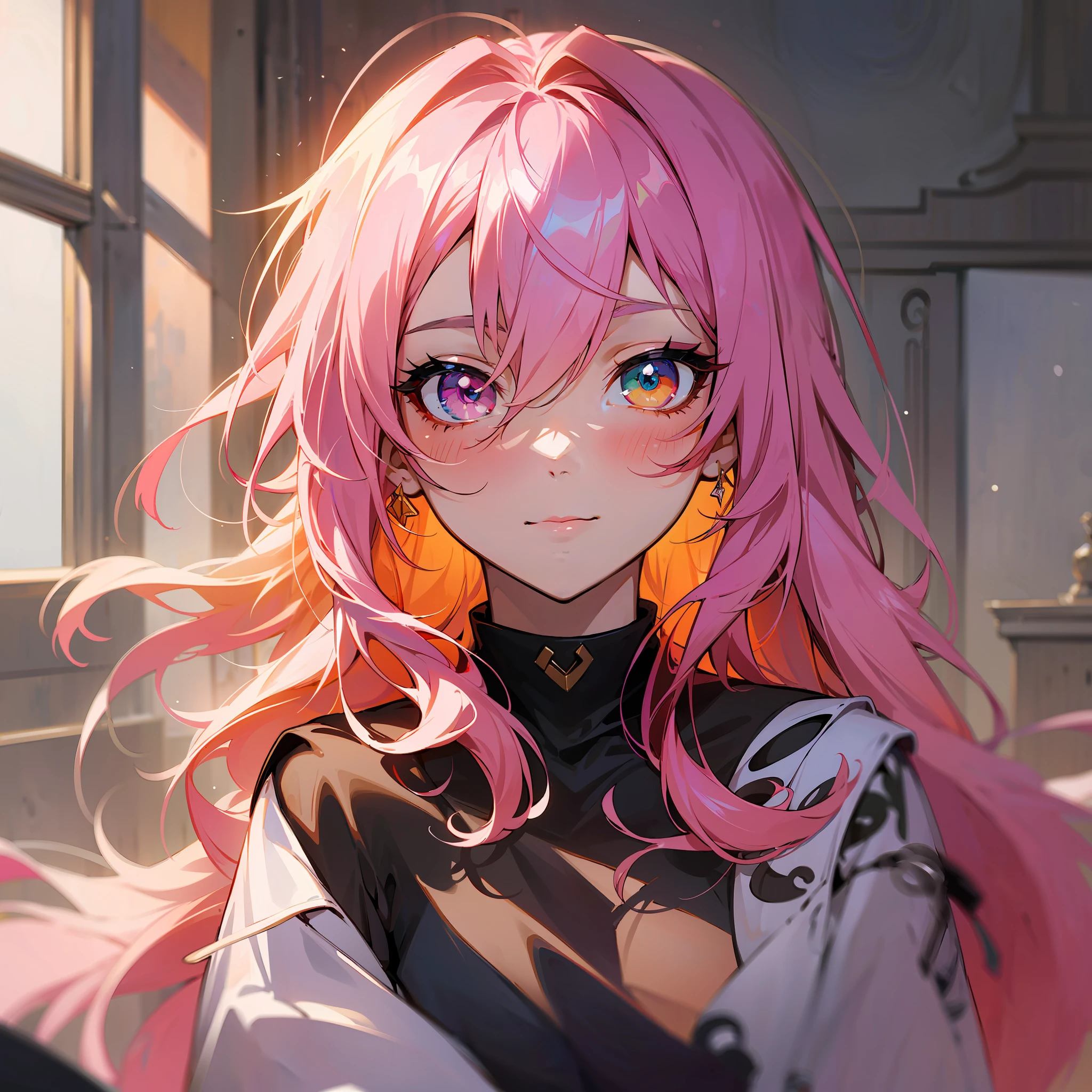 masterpiece, best quality, {best quality}, {{masterpiece}}, {highres}, focus, anime style, a closeup of a cartoon of a woman, girl design, portrait, giesha, anime image, long hair, pink hair, heterochromia eyes, hair covering ears, polished and powerful look, exotic, tall, freckles, cheerful, luxury clothing, colorful, colors --auto --s2