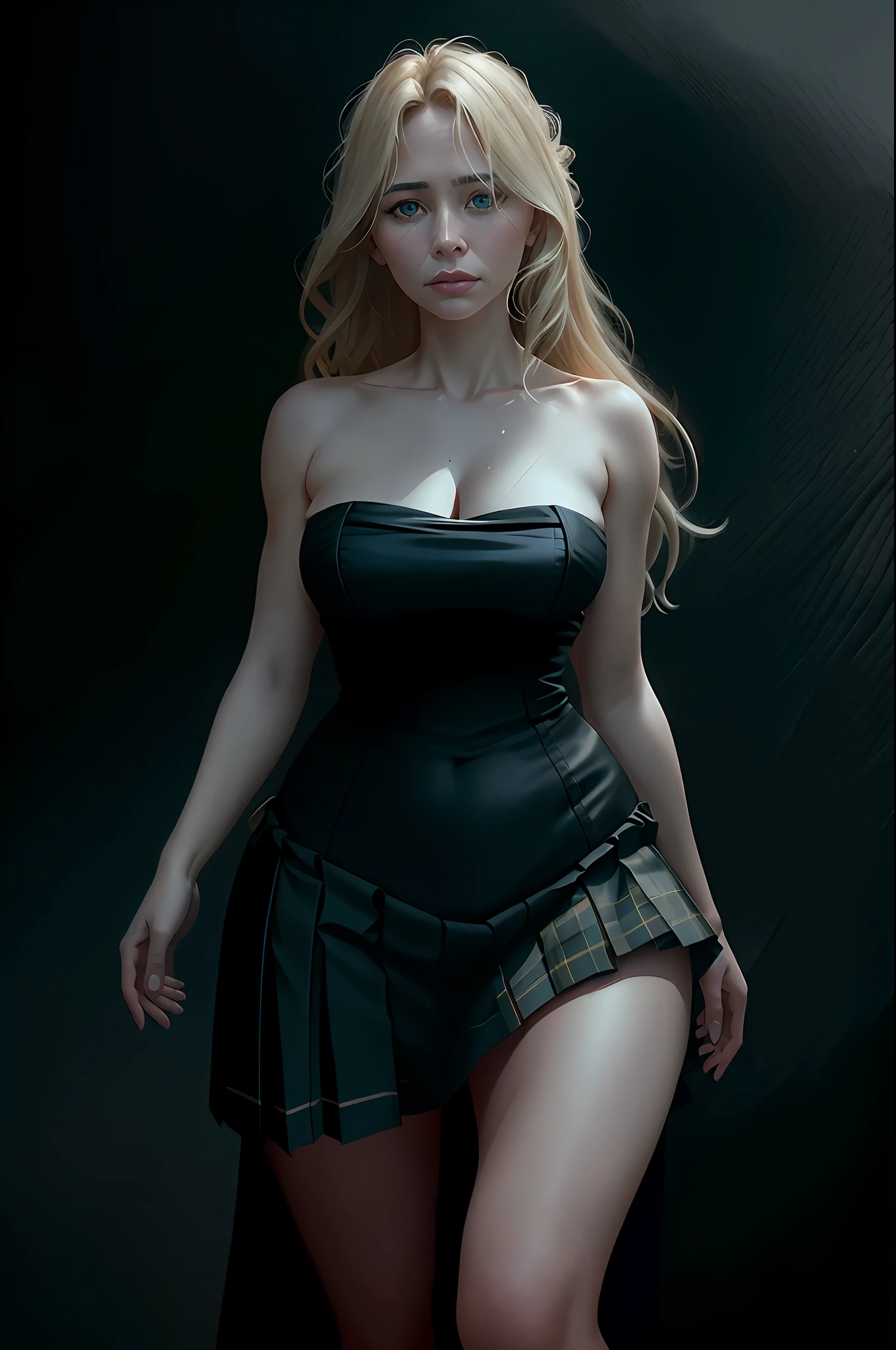 sinister deep shadow photo award-winning best quality masterpiece upper body woman blonde hair blown by wind emerald eyes strapless dress modern by Jeremy Lipking by Antonio J. Manzanedo by lee jeffries Nikon D850 film stock photography 4 camera kodak portra 400 lens f1.6 rich colors realistic texture hyper realistic lighting dramatic mechanism unreal trend on artstation cinestill 800, fisheye lens, kilt style, windy beach, Scottish loch, forest, ultra realism, 8k resolution, perfection of details, harmonization of face features, ultra realism of face and body, extreme sharpness