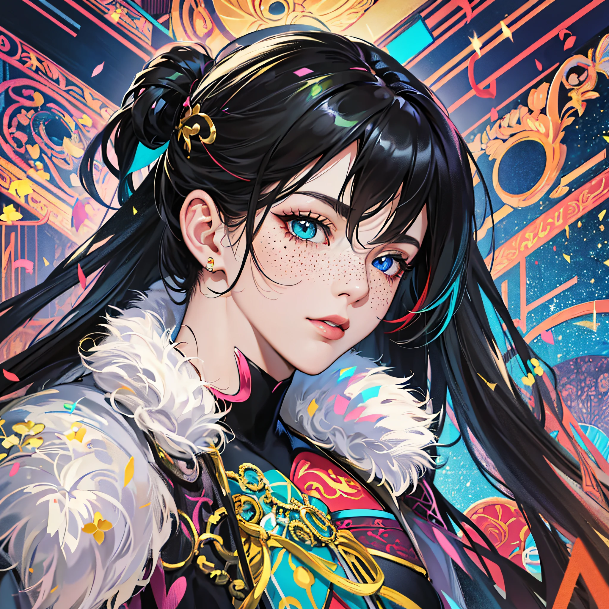 masterpiece, best quality, {best quality}, {{masterpiece}}, {highres}, focus, anime style, a closeup of a cartoon of a woman, girl design, portrait, giesha, anime image, long hair, black hair, heterochromia eyes, hair covering ears, polished and powerful look, exotic, tall, freckles, cheerful, luxury clothing, colorful, colors --auto --s2