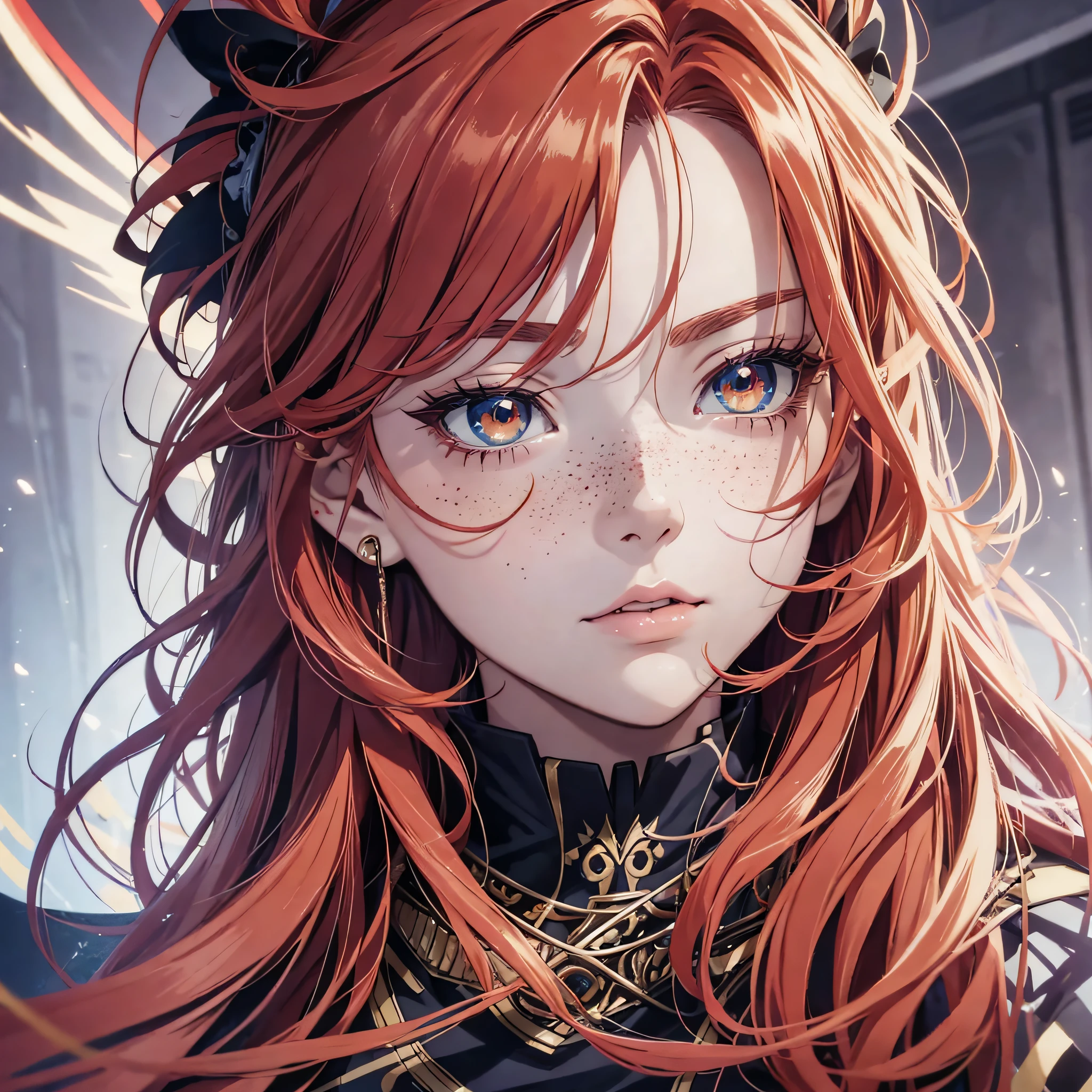 masterpiece, best quality, {best quality}, {{masterpiece}}, {highres}, focus, anime style, a closeup of a cartoon of a woman, girl design, portrait, giesha, anime image, long hair, red hair, heterochromia eyes, hair covering ears, polished and powerful look, exotic, tall, freckles, cheerful, luxury clothing, colorful, colors --auto --s2