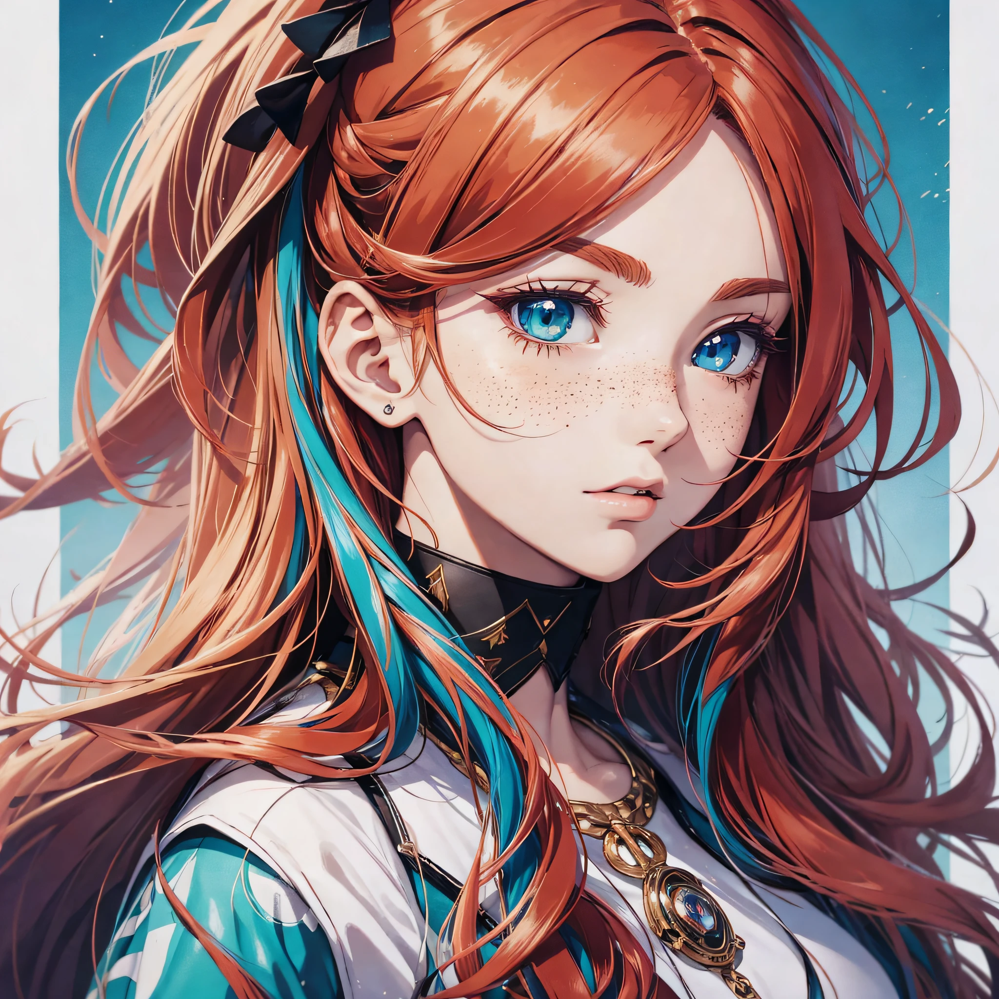 masterpiece, best quality, {best quality}, {{masterpiece}}, {highres}, focus, anime style, a closeup of a cartoon of a woman, girl design, portrait, giesha, anime image, long hair, red hair, heterochromia eyes, hair covering ears, polished and powerful look, exotic, tall, freckles, cheerful, luxury clothing, colorful, colors --auto --s2