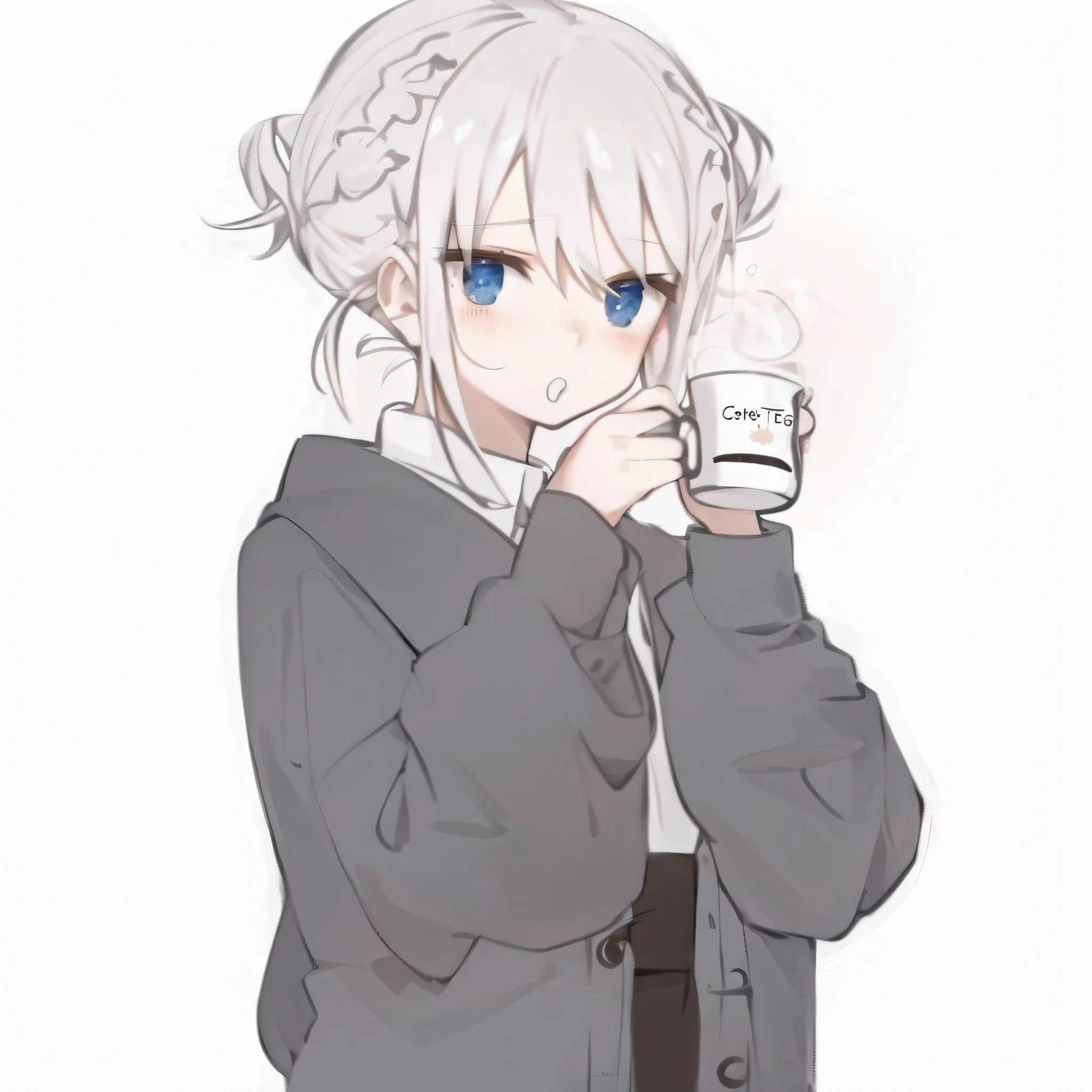 Anime girl with a cup of coffee, white hair girl, perfect white hair girl, white hair, white hair, anime moe art style, short white hair girl, anime girl, anime girl drinking energy drinks, anime visual cute girl, yes ((drink a cup of tea)), anime style like fate / stay night, cute anime girl, exquisite picture
