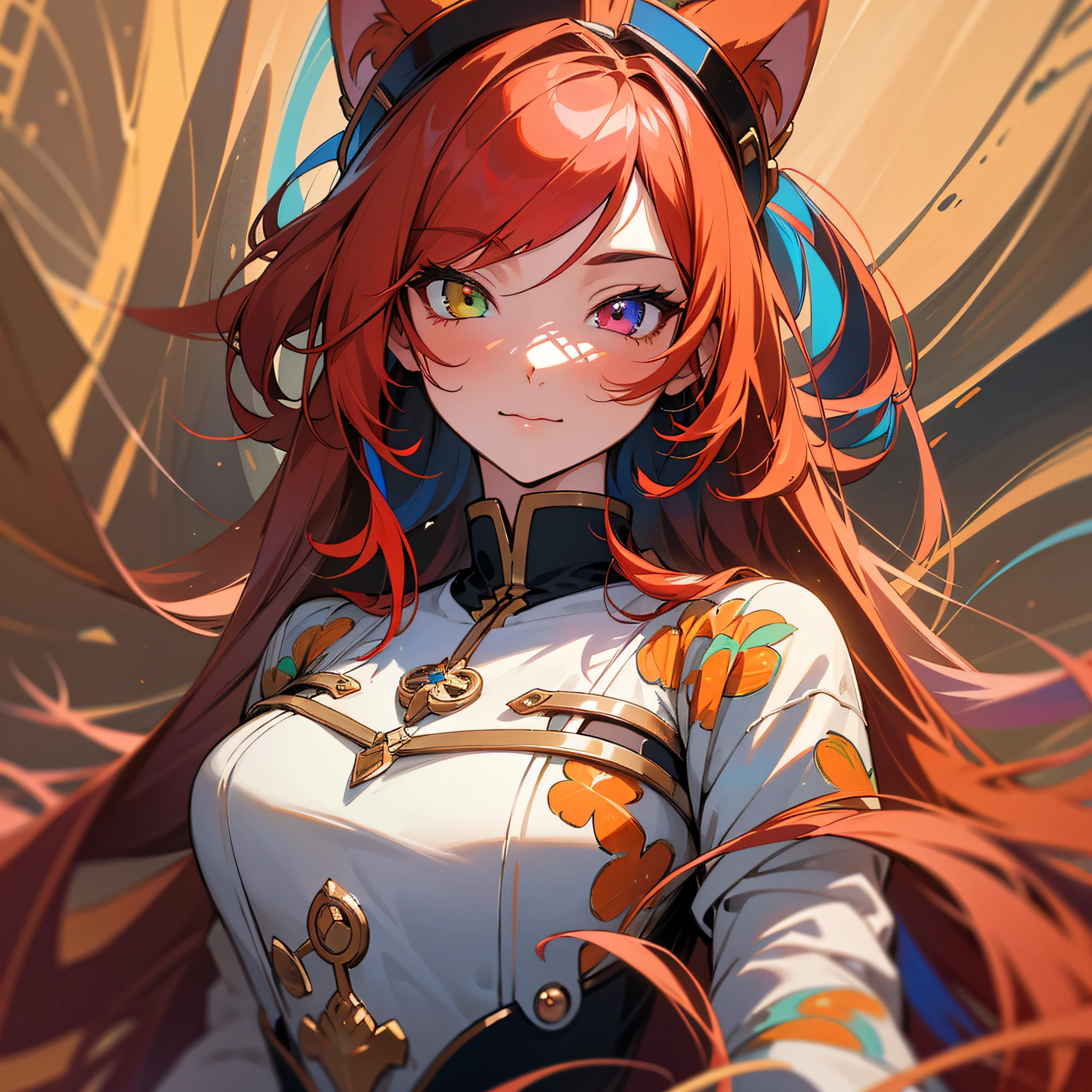 masterpiece, best quality, {best quality}, {{masterpiece}}, {highres}, focus, anime style, a closeup of a cartoon of a woman, girl design, portrait, giesha, anime image, long hair, red hair, heterochromia eyes, hair covering ears, polished and powerful look, exotic, tall, freckles, cheerful, luxury clothing, colorful, colors --auto --s2