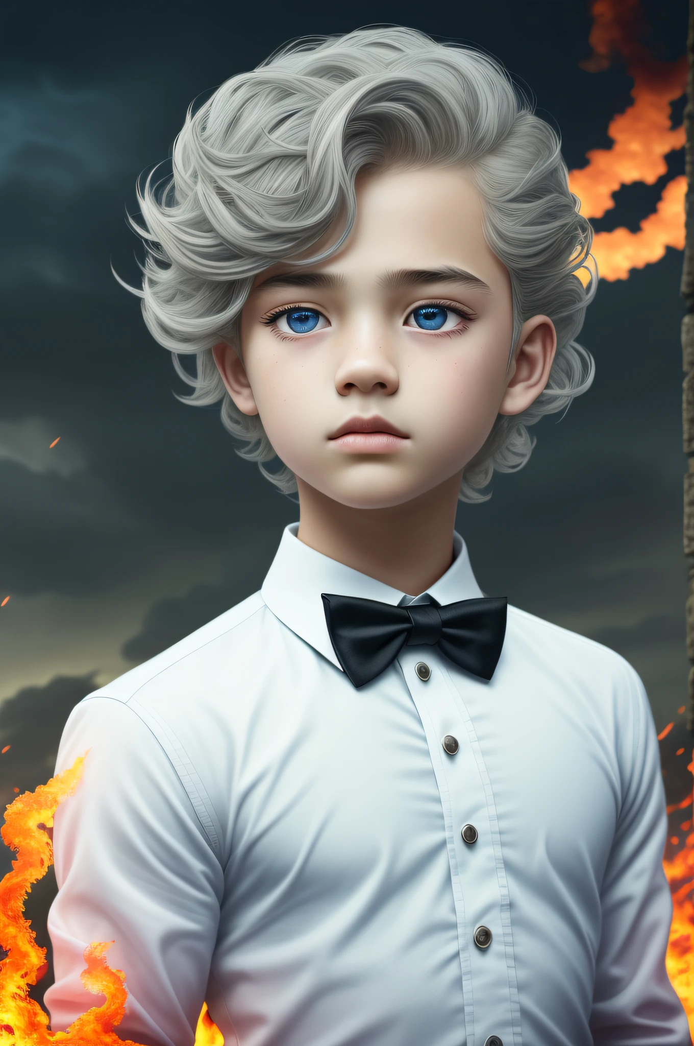 masterpiece,best quality, illustration,{beautiful detailed boy},beautiful detailed glow,(flames of war:1.2),(nuclear explosion behide:1.3),rain,detailed lighting,detailed water,(beautiful detailed eyes:1.1),expressionless,palace,azure hair,disheveled hair,long bangs,hairs between eyes,(whitegrey dress:1.1),black ribbon,white bowties,midriff,big forhead,blank stare,flower,long sleeves
