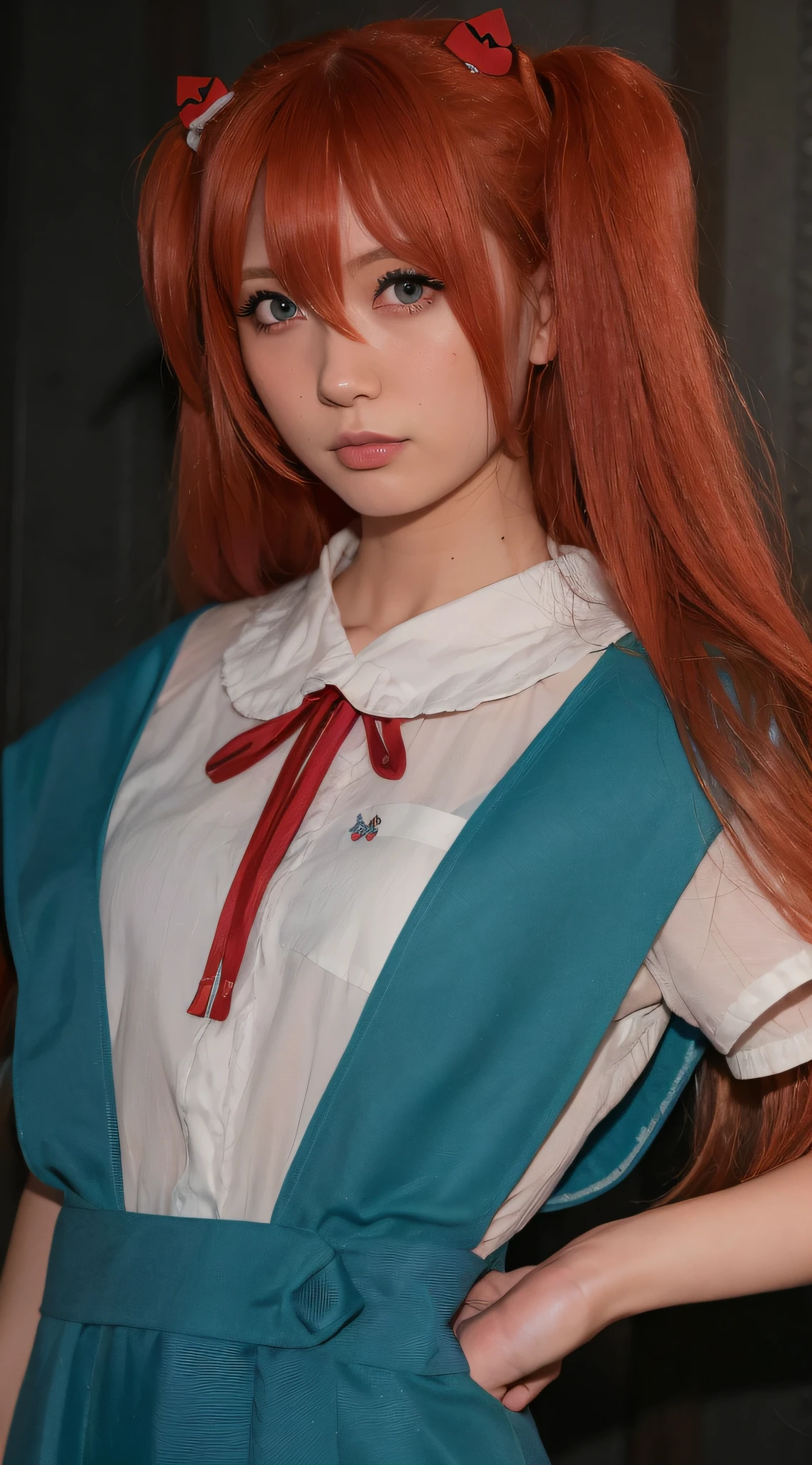 there is a woman with long red hair wearing a blue dress, asuka langley sohryu, asuka langley soryu, portrait of asuka langley soryu, kasumi arimura style 3/4, anime girl cosplay, anime cosplay, ayaka cosplay, asuka langley, asuka langley souryuu, asuka, cosplay