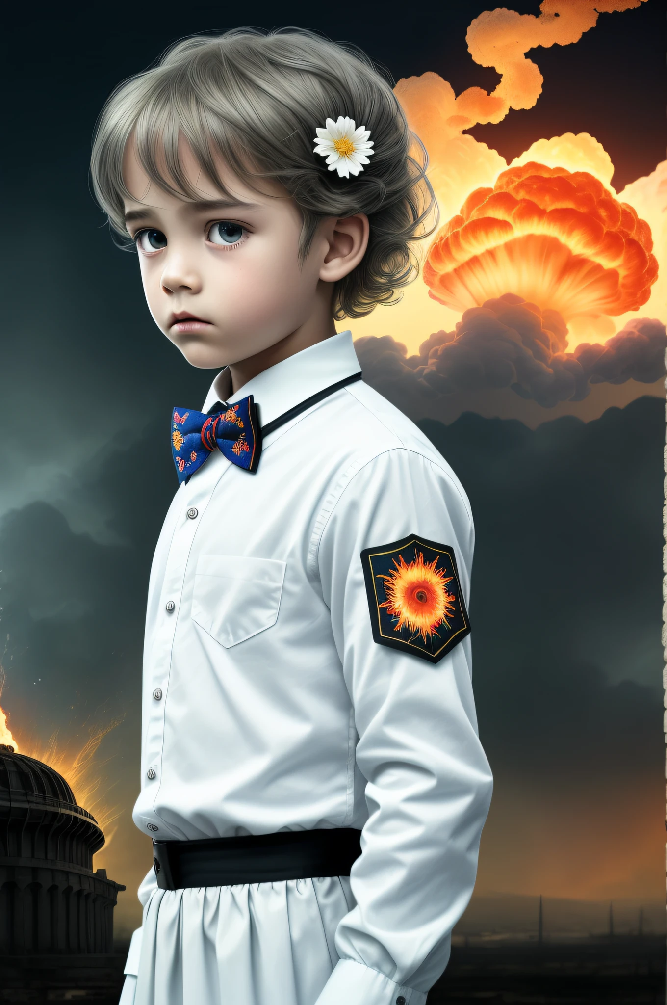 masterpiece,best quality, illustration,{beautiful detailed boy},beautiful detailed glow,(flames of war:1.2),(nuclear explosion behide:1.3),rain,detailed lighting,detailed water,(beautiful detailed eyes:1.1),expressionless,palace,azure hair,disheveled hair,long bangs,hairs between eyes,(whitegrey dress:1.1),black ribbon,white bowties,midriff,big forhead,blank stare,flower,long sleeves