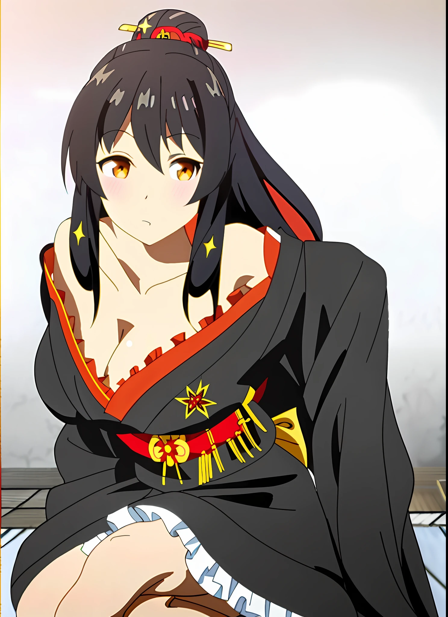 Masterpiece, best quality, anime art style, Uncle, beautiful woman and about 20 years old, (long black hair), golden eyes, (black kimono with gold details) Japanese with unique floral designs on the bottom and a red fairy-like t-shirt. She also wears a red Japanese-style hairpin and piercings on top of her hair, ((visible thighs))