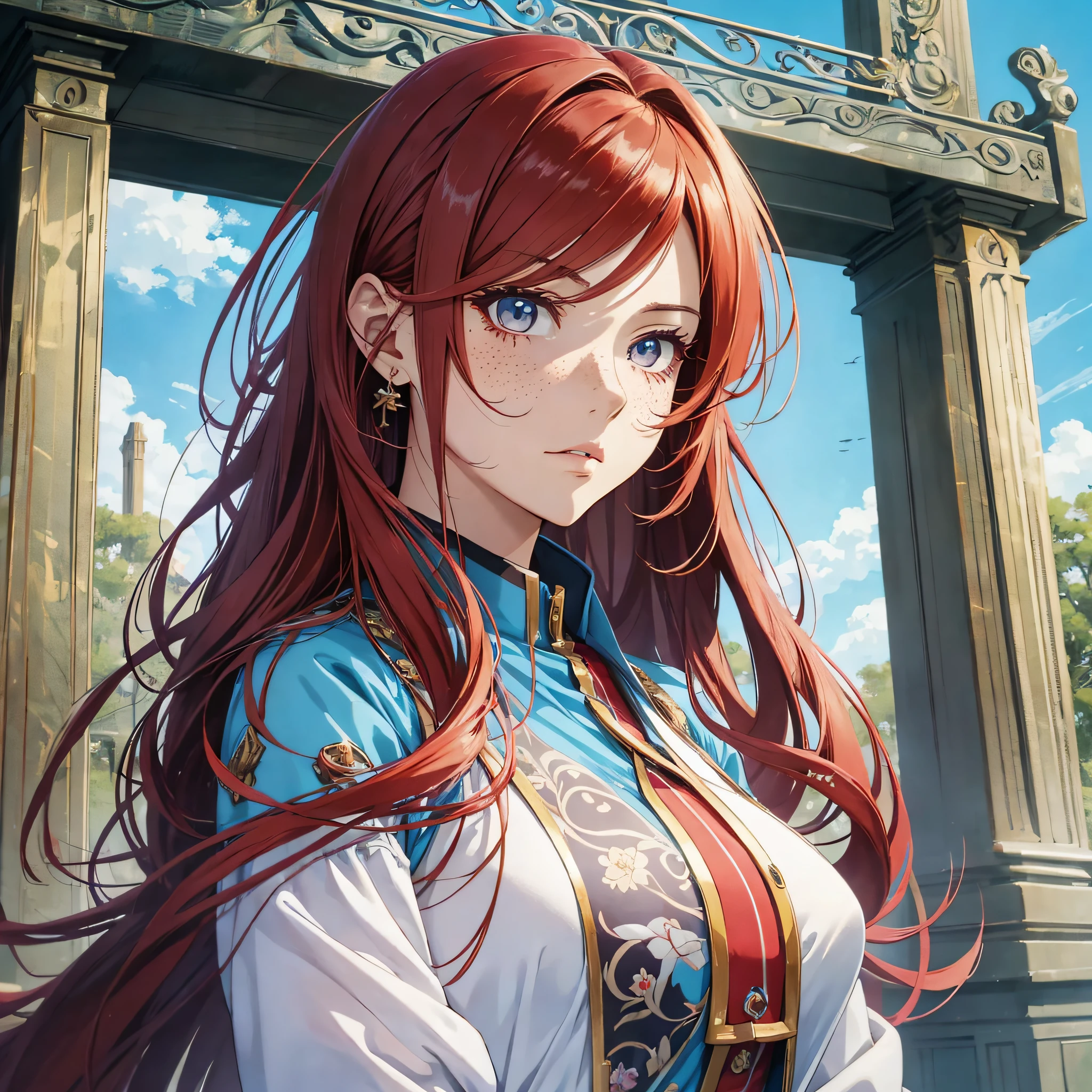 masterpiece, best quality, {best quality}, {{masterpiece}}, {highres}, focus, anime style, a closeup of a cartoon of a woman, girl design, portrait, giesha, anime image, long hair, red hair, heterochrome eyes, hair covering ears, polished and powerful look, exotic, tall, freckles, cheerful, romantic clothing, colorful, colors --auto --s2