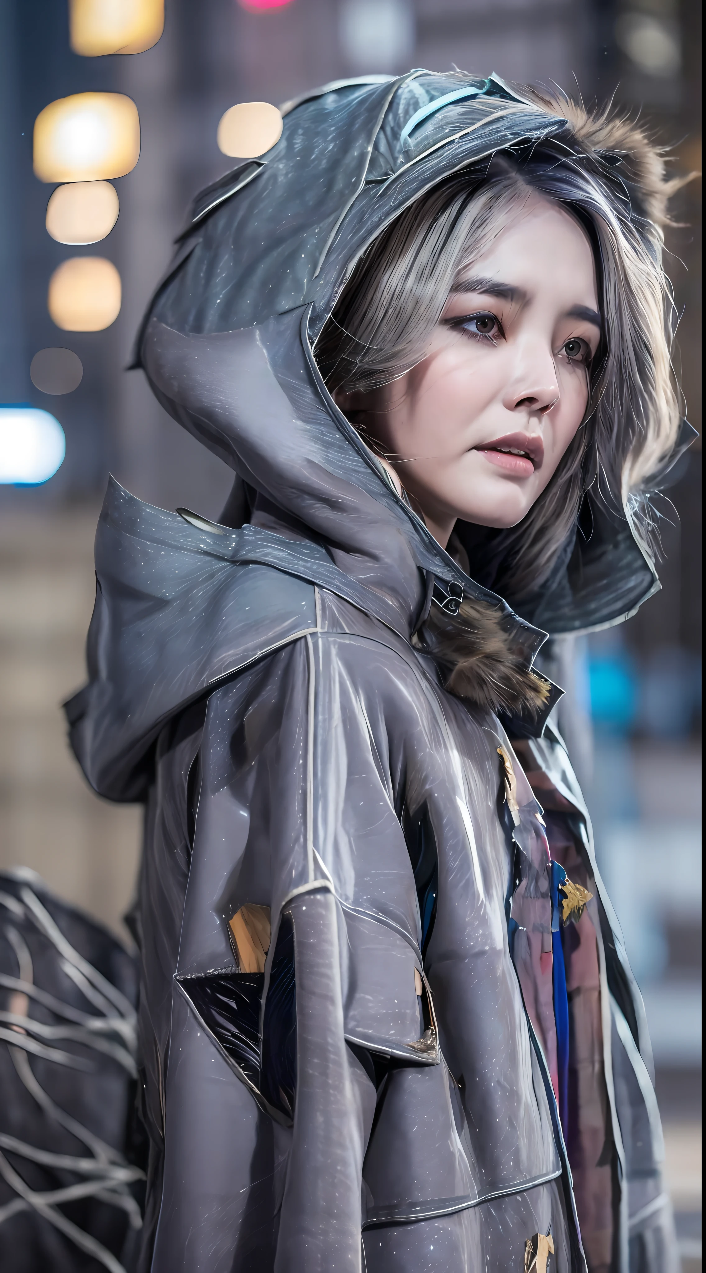 extreme beautiful girl, Best picture quality, masterpiece, ultra high resolution, (fidelity :1.4), photo, 1 girl,[(sadness)],black shirt, Dim, dark, desperate, pitying, pitiful, cinematic,tear,teardrop,(Torn clothes:1.5), real snow, ((night)), ((old gray coat, torn coat:1.5)), ((hold a bag of matches)), ((torn hoodie))