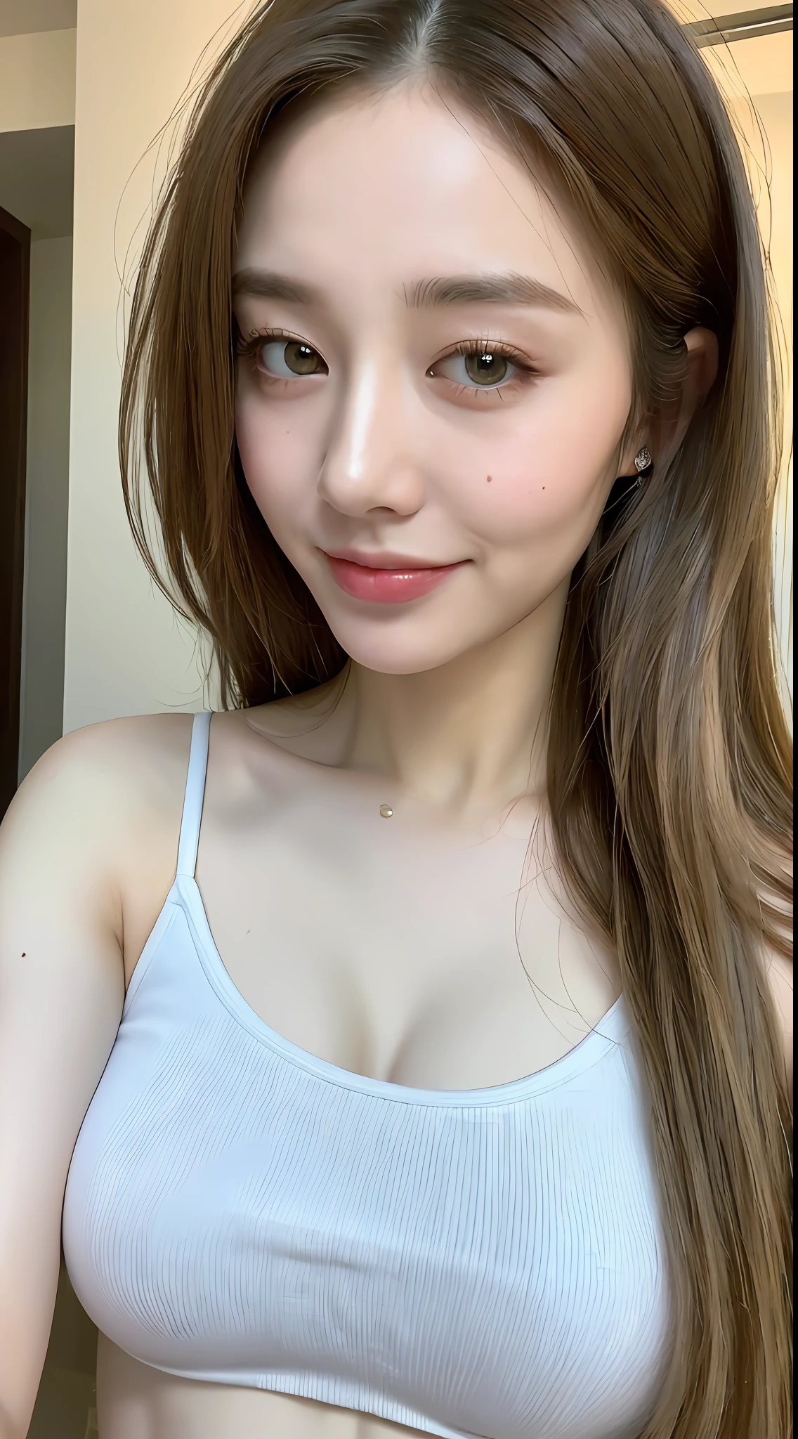 ((Best quality, 8k, Masterpiece :1.3)), 1girl, beautiful woman with emphasis on slender abs: 1.3, (long hair, big breasts: 1.2), oversized tank top: 1.2, super delicate face, delicate eyes, double eyelids, smile, home, random color clothes