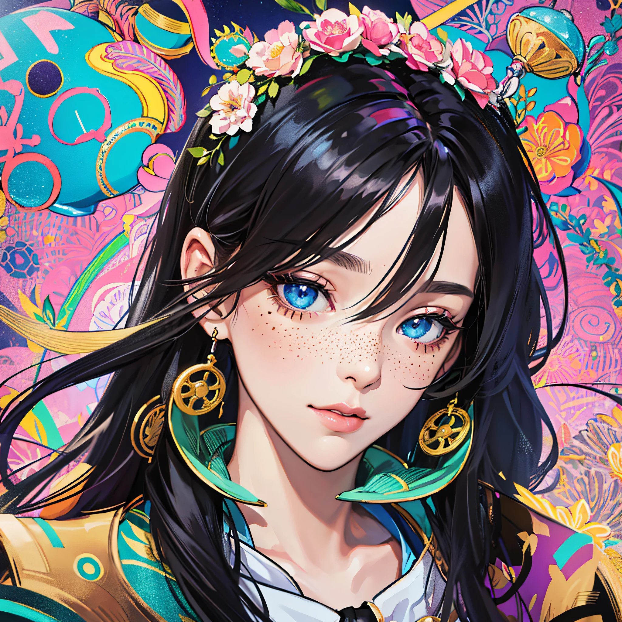 masterpiece, best quality, {best quality}, {{masterpiece}}, {highres}, focus, anime style, a closeup of a cartoon of a woman, girl design, portrait, giesha, anime image, long hair, black hair, straight eyes, hair covering ears, polished and powerful look, exotic, tall, freckles, cheerful, traditional clothing, colorful, colors --auto --s2