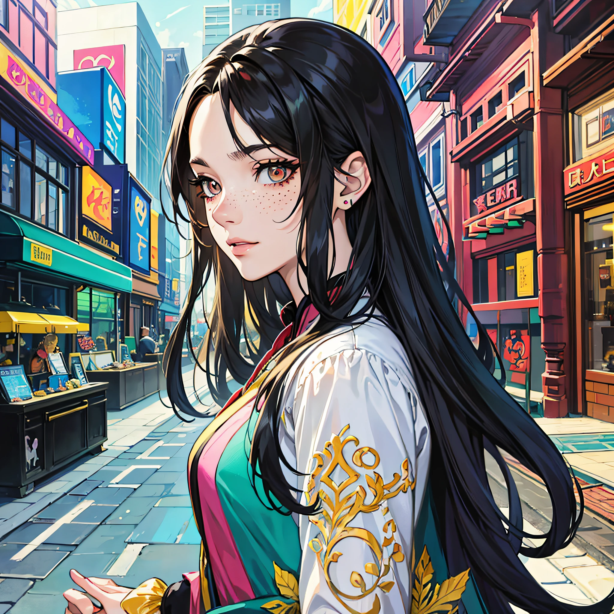 masterpiece, best quality, {best quality}, {{masterpiece}}, {highres}, focus, anime style, a closeup of a cartoon of a woman, girl design, portrait, giesha, anime image, long hair, black hair, heterochrome eyes, hair covering ears, polished and powerful look, exotic, tall, freckles, cheerful, urban clothing, colorful, colors --auto --s2
