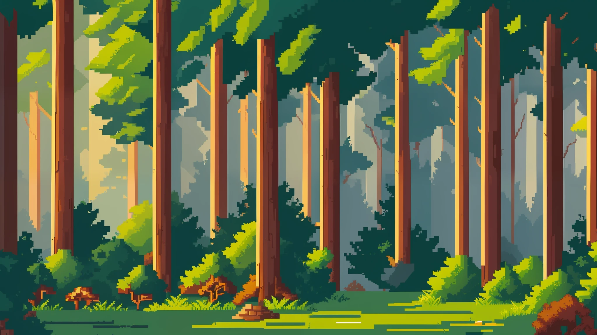 forest, forest with dense trees, dark forest, detailed, pixelated, day, sun over trees, background game, pixel art, drawing, pixelated drawing, 2D art, pixel art background, above trees, very dense forest, continuous image, background, background, background, no path, grasses and shrubs, background, scenery in sequence, high detail, green, good detail, good quality,  magnificent