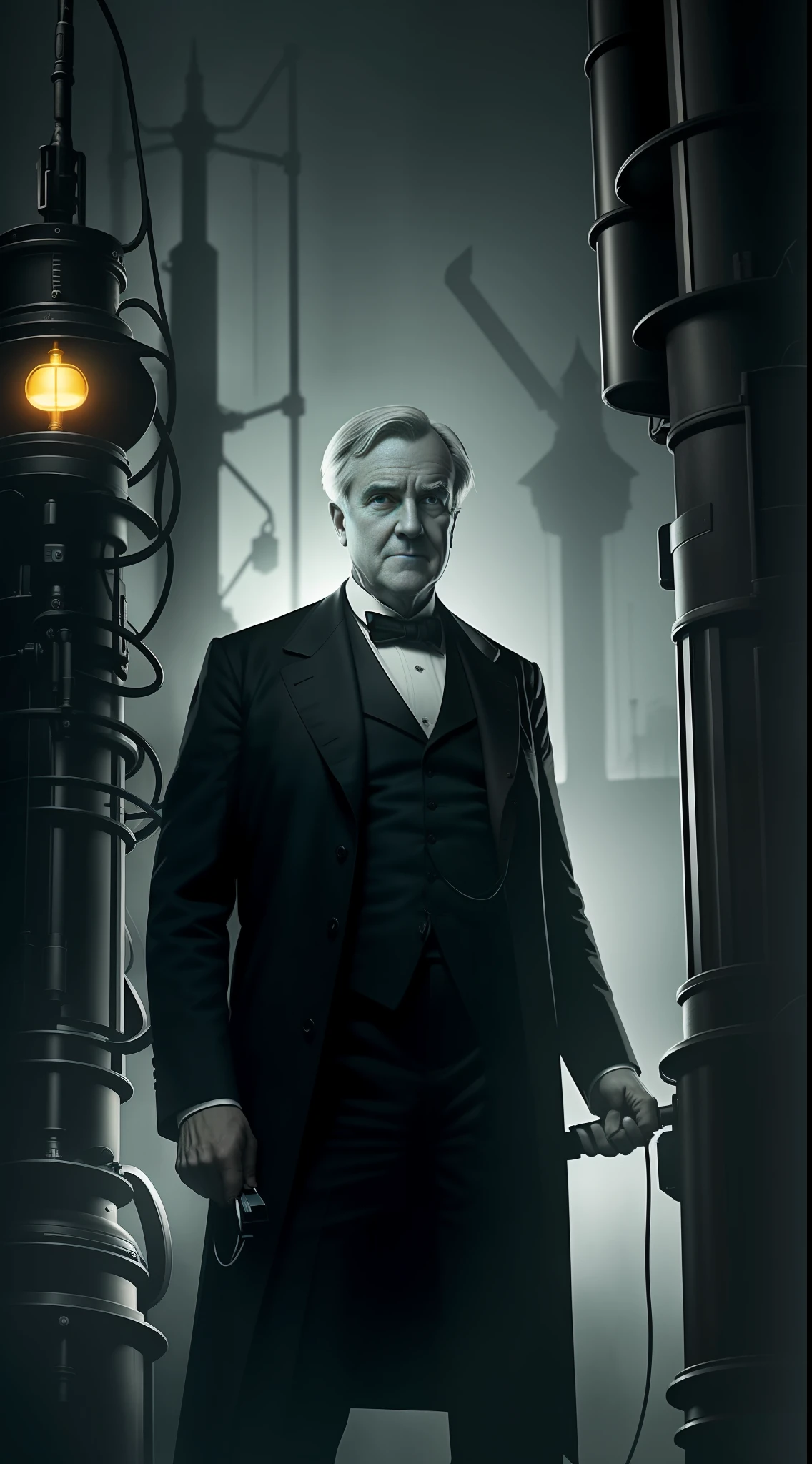 A menacing portrait of Thomas Edison holding a switch attached to a towering machine, with a wicked glint in his eye and dark shadows emphasizing the sinister nature of the scene.