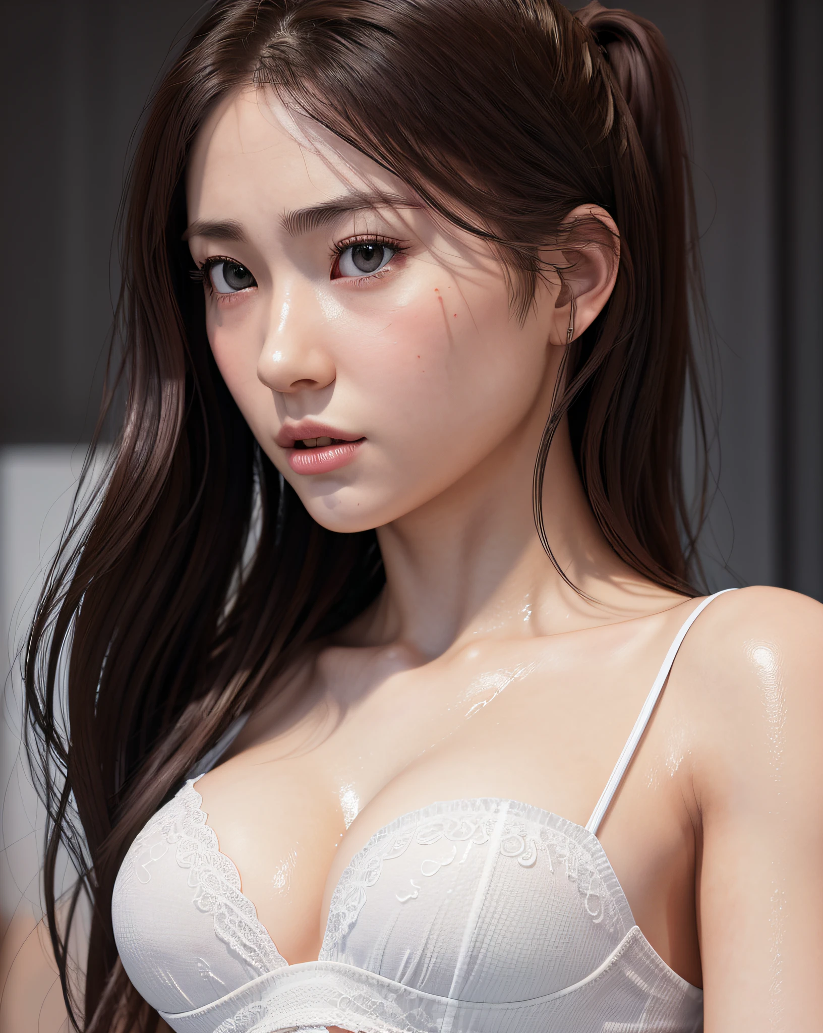 Close-up of the head from the chest, complex 3d rendering ultra detail, 1girl, (nsfw), looking at the viewer, (PureErosFace_V1:0.6), 18 years old, black ponytail, wet hair, (aside from white panties:1.2), pure, real human skin, huge breasts,pure pink,vivid details, hyper-realistic, beautiful background (room Unity 8k wallpaper, unity, unity, (realistic, photorealistic), stunning, unity, (realistic, photorealistic), octane rendering, 8k, top quality, supreme quality, official art, highly detailed CG, masterpiece, masterpiece, 8k, octane rendering, 8k, top quality, very detailed CG