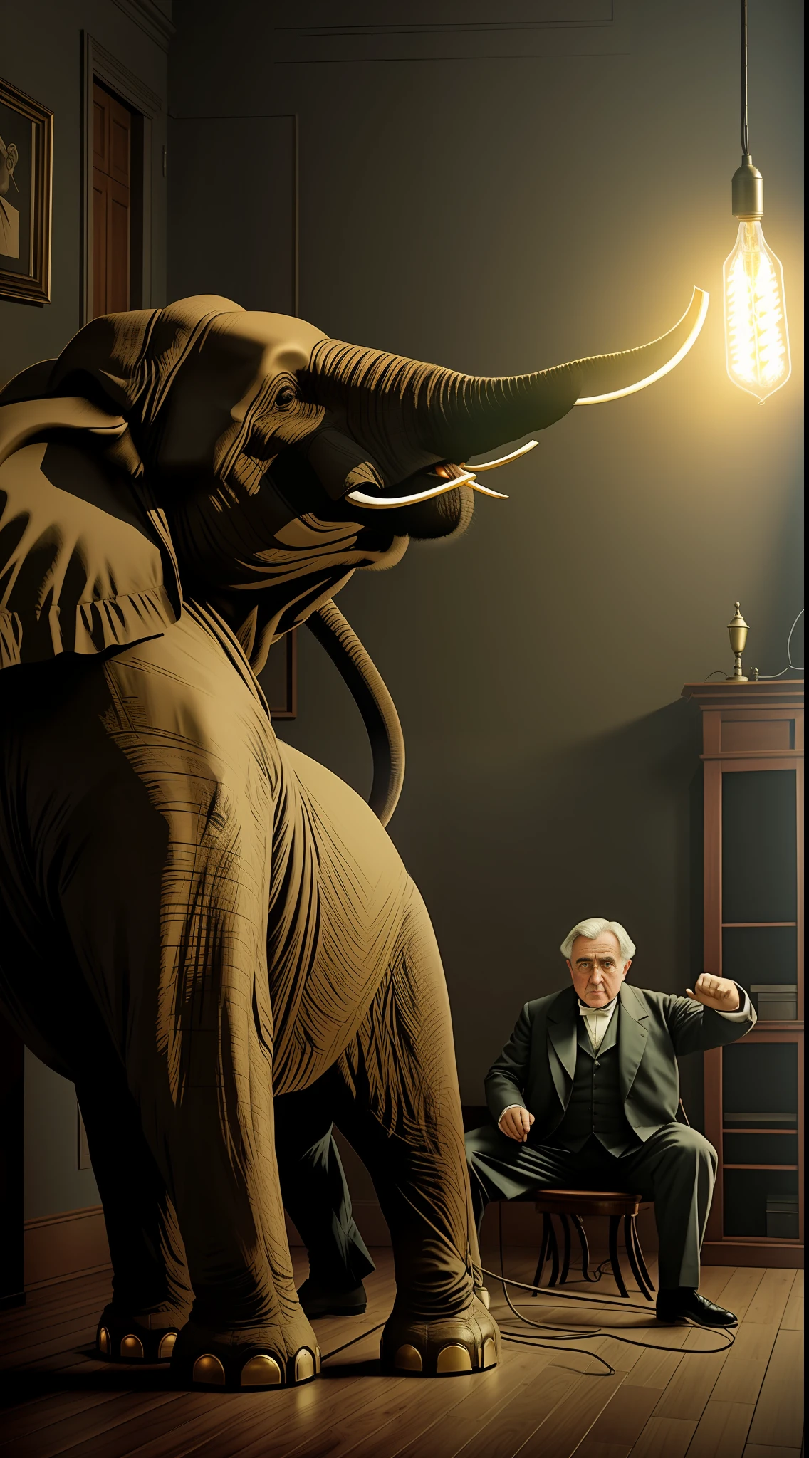Generate a historical scene showing Thomas Edison demonstrating the dangers of alternating current by electrocuting an elephant